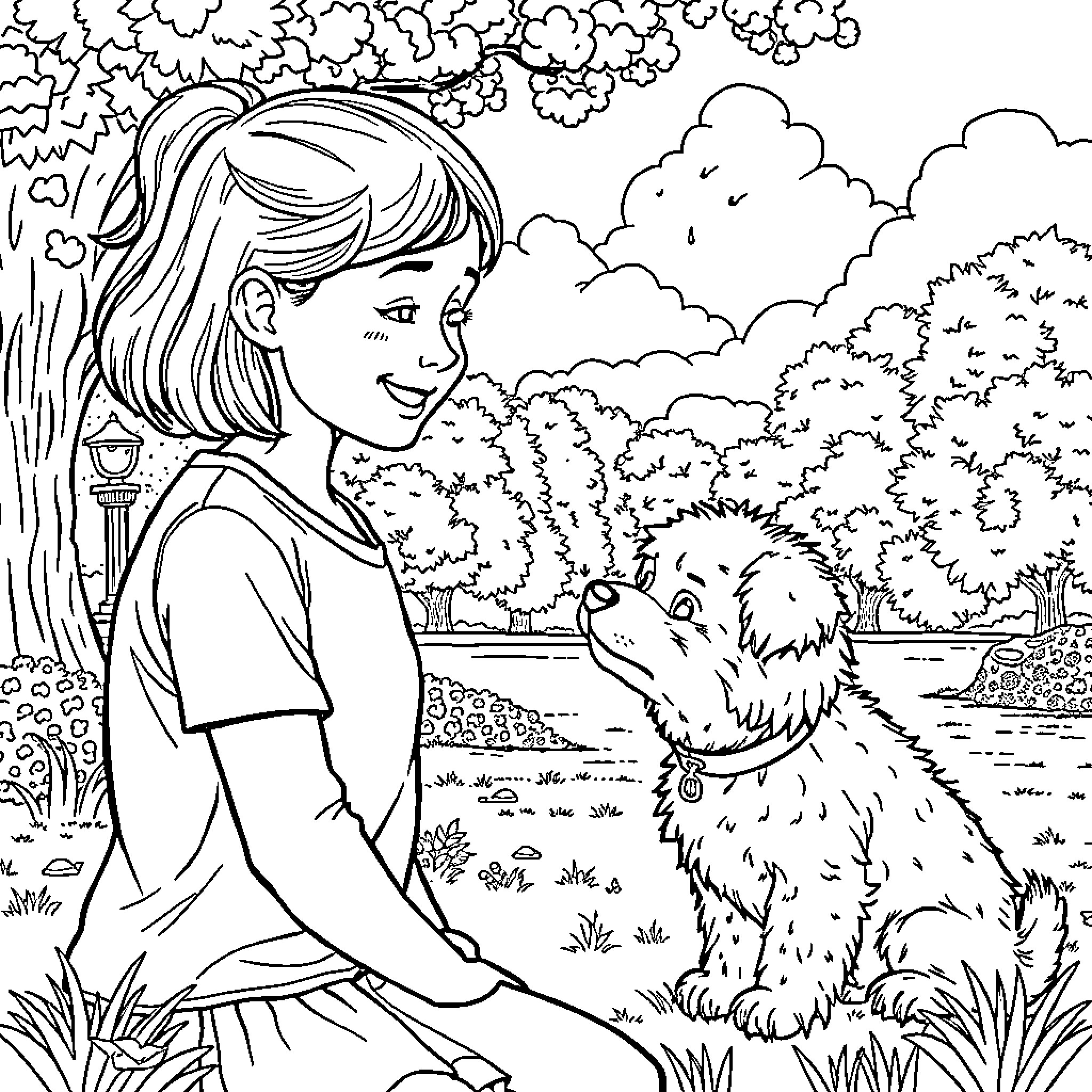 Girl playing with pet dog in a nature scene Coloring Page (free black-and-white line drawing printable PDF for all, from beginners to advanced learners, including children, teens, adults, and seniors)
