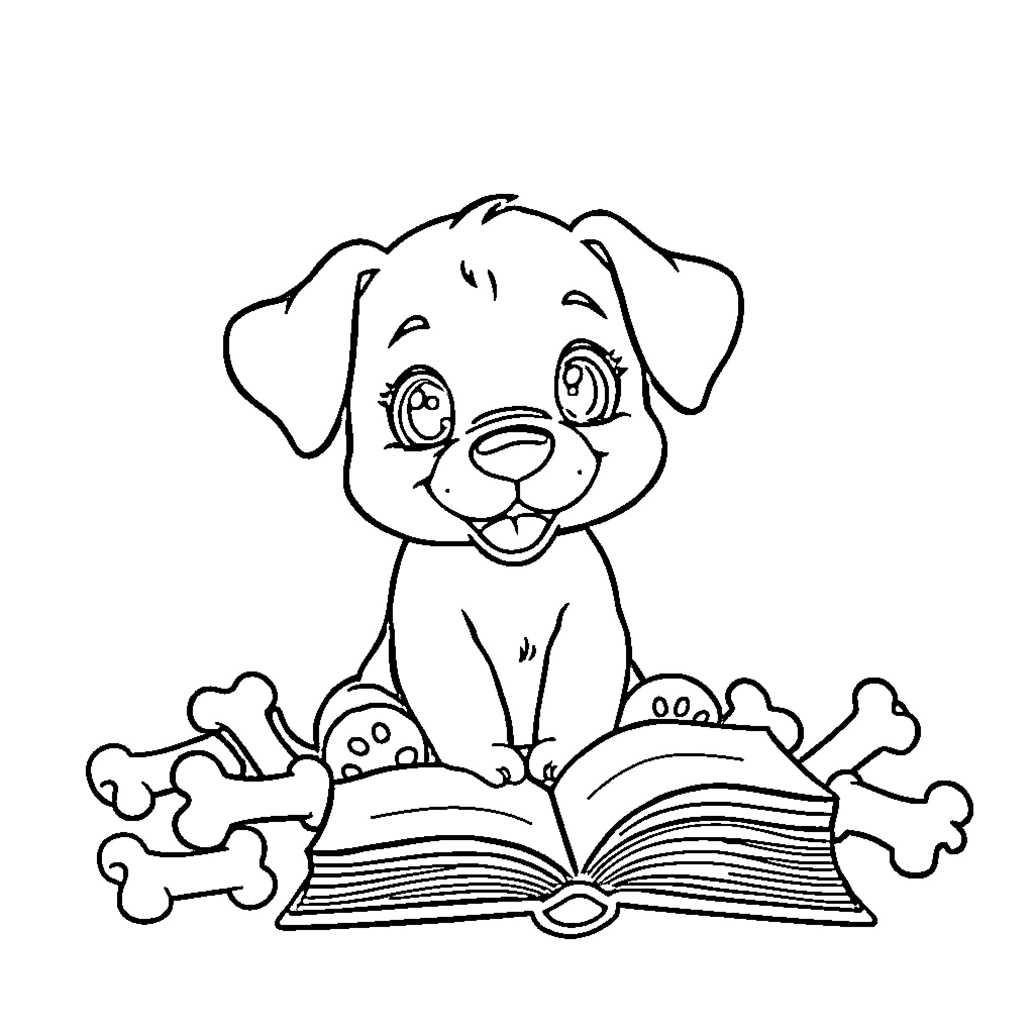 Dog reading book with bones and toys Coloring Page (free black-and-white line drawing printable PDF for all, from beginners to advanced learners, including children, teens, adults, and seniors)