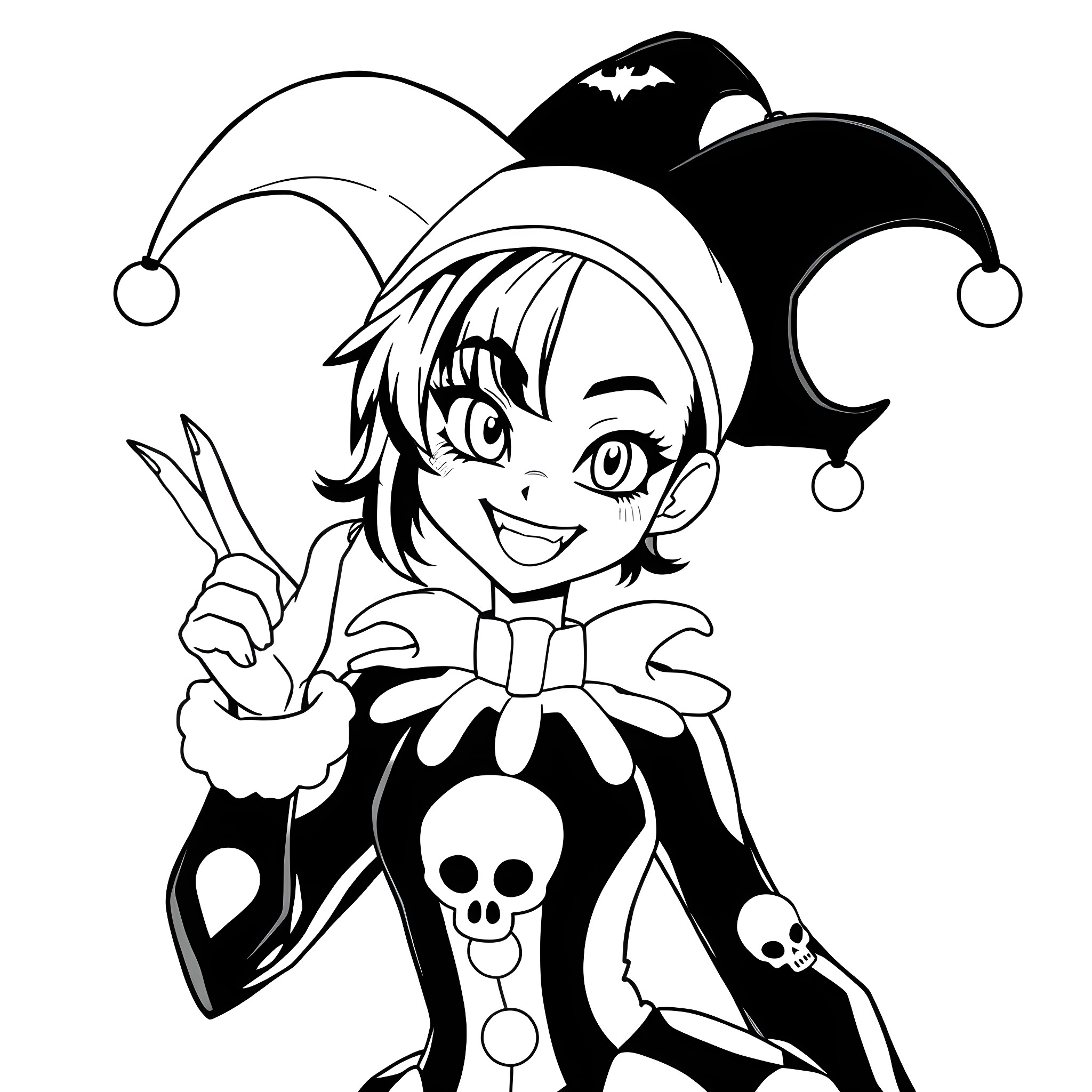Kuromi in Playful Jester Outfit Coloring Page (free black-and-white line drawing printable PDF for all, from beginners to advanced learners, including children, teens, adults, and seniors)
