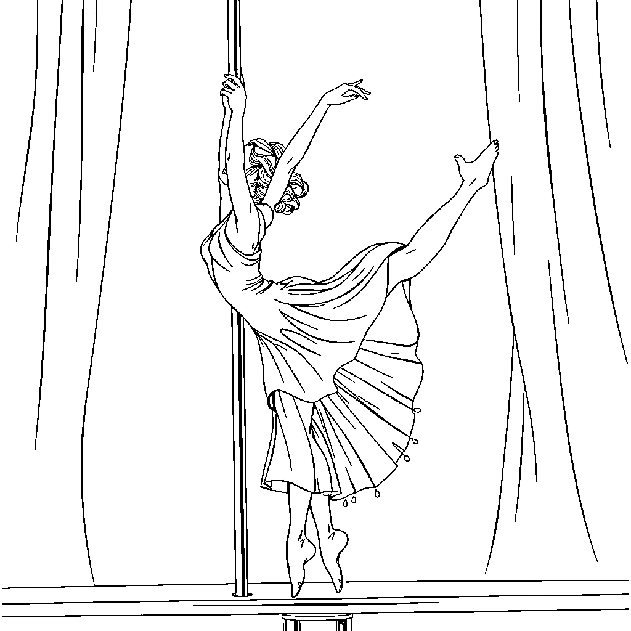 Pole Dancer's Graceful Performance on Stage Coloring Page (free black-and-white line drawing printable PDF for all, from beginners to advanced learners, including children, teens, adults, and seniors)