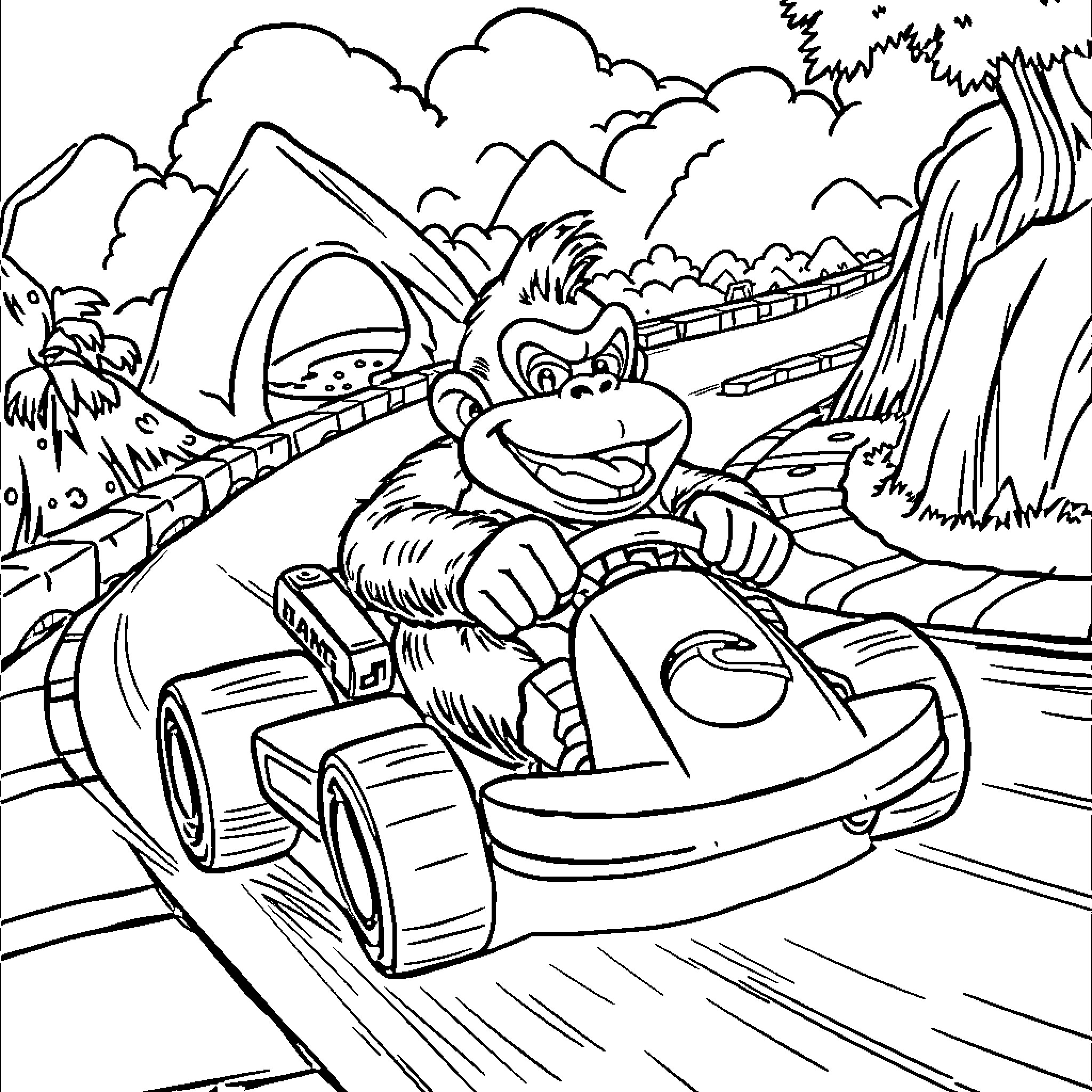 Donkey Kong racing through the jungle in a kart Coloring Page (free black-and-white line drawing printable PDF for all, from beginners to advanced learners, including children, teens, adults, and seniors)