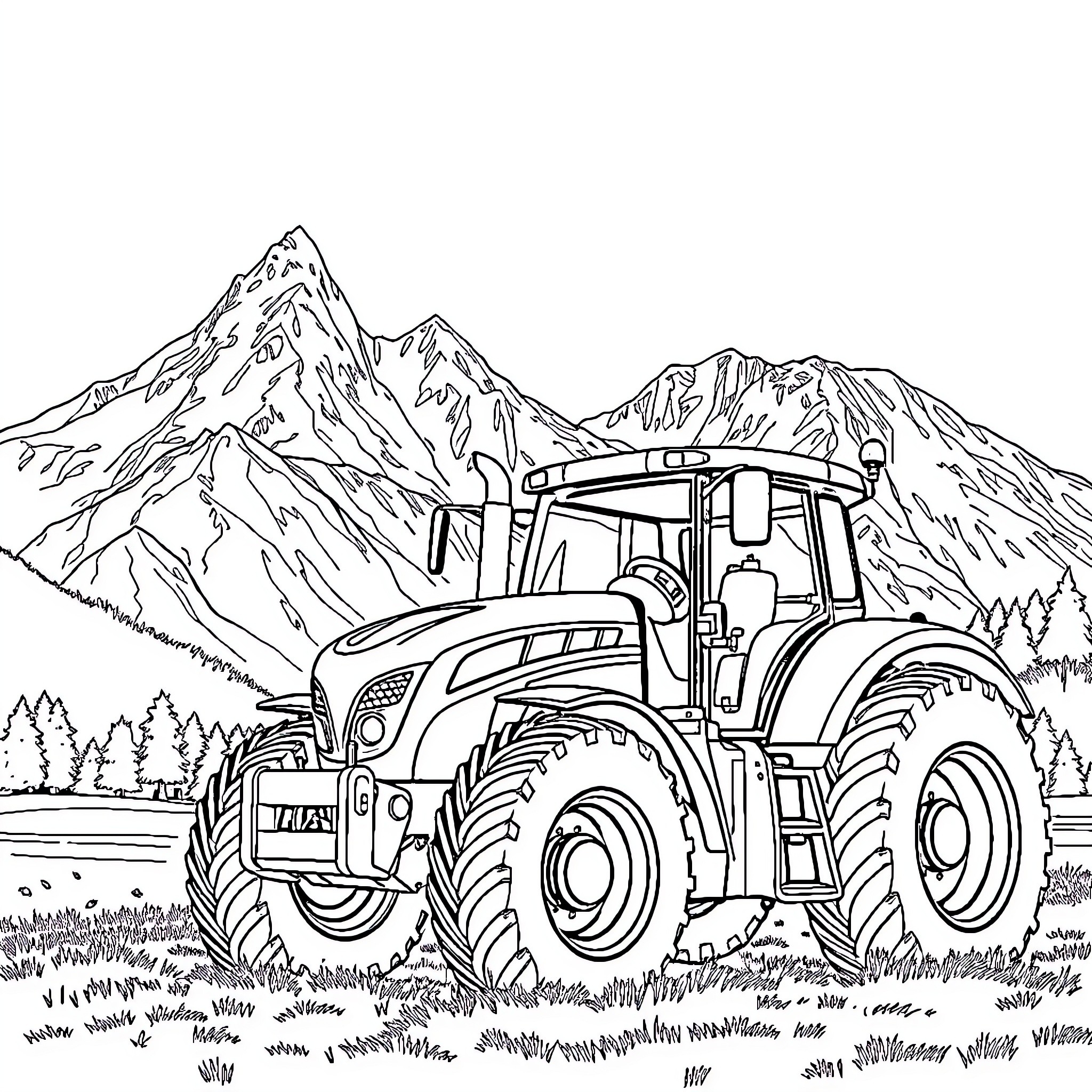 Tractor working in mountainous landscape Coloring Page (free black-and-white line drawing printable PDF for all, from beginners to advanced learners, including children, teens, adults, and seniors)
