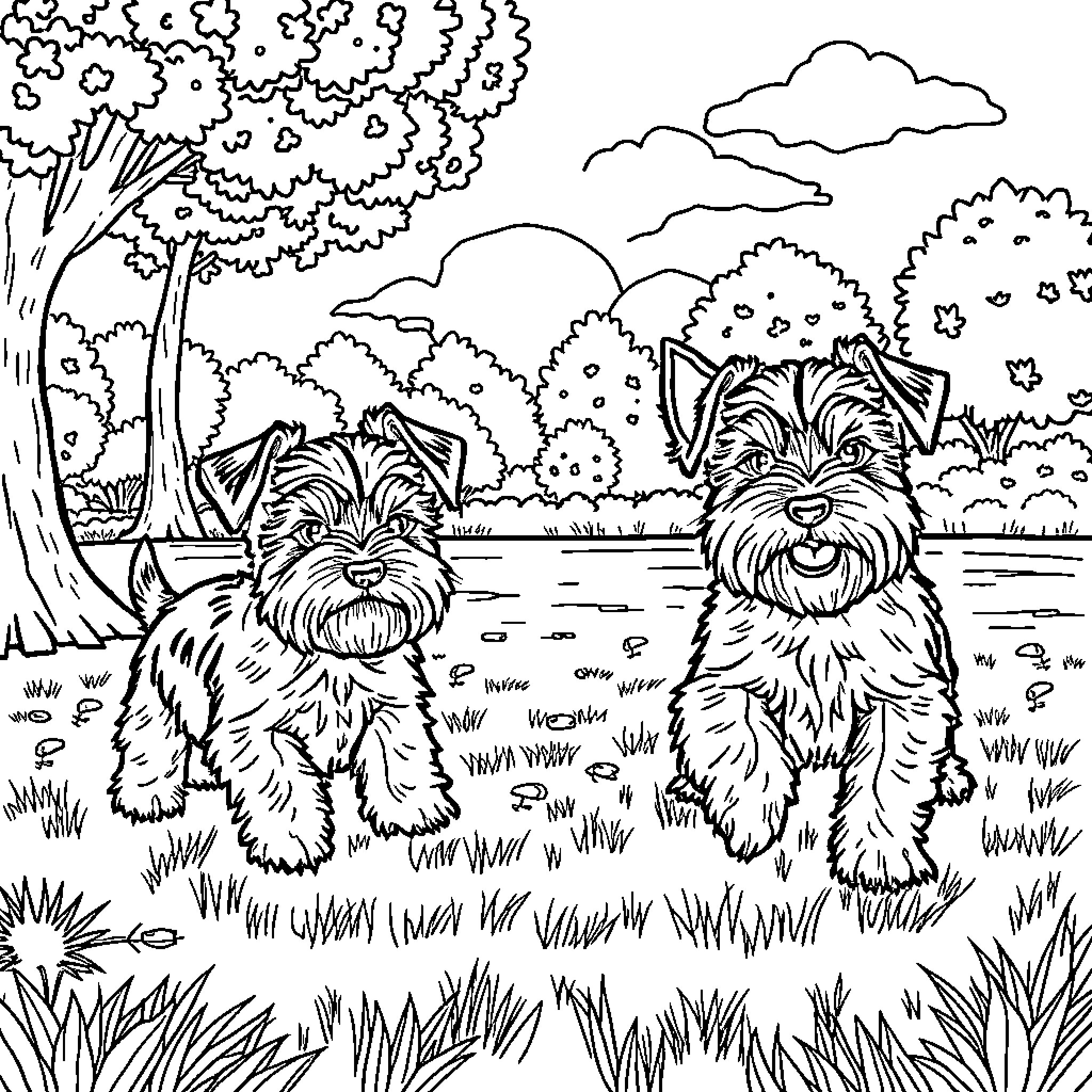 Schnauzer dogs playing in the park Coloring Page (free black-and-white line drawing printable PDF for all, from beginners to advanced learners, including children, teens, adults, and seniors)
