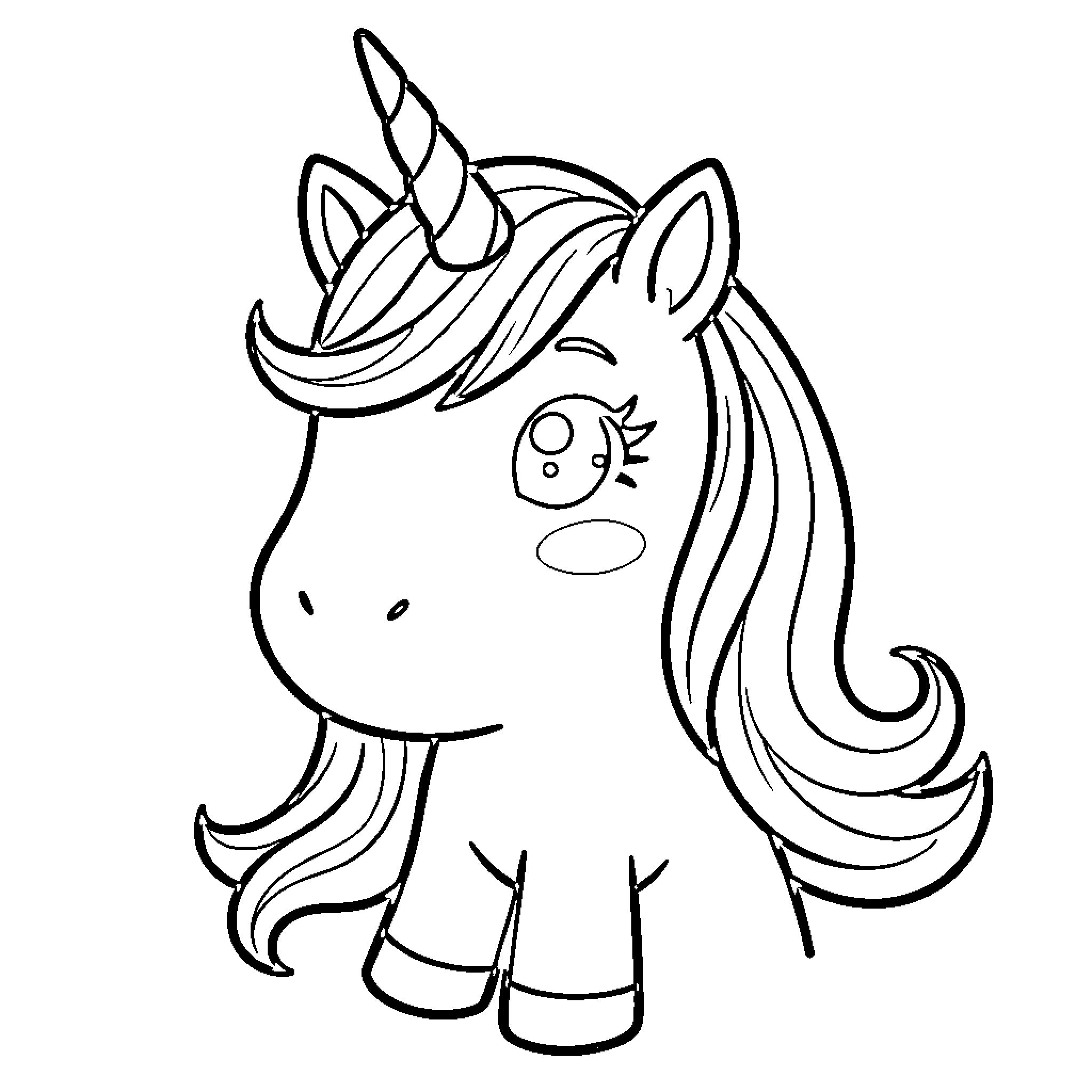 Unicorn with Whimsical Expression and Long Mane Coloring Page (free black-and-white line drawing printable PDF for all, from beginners to advanced learners, including children, teens, adults, and seniors)