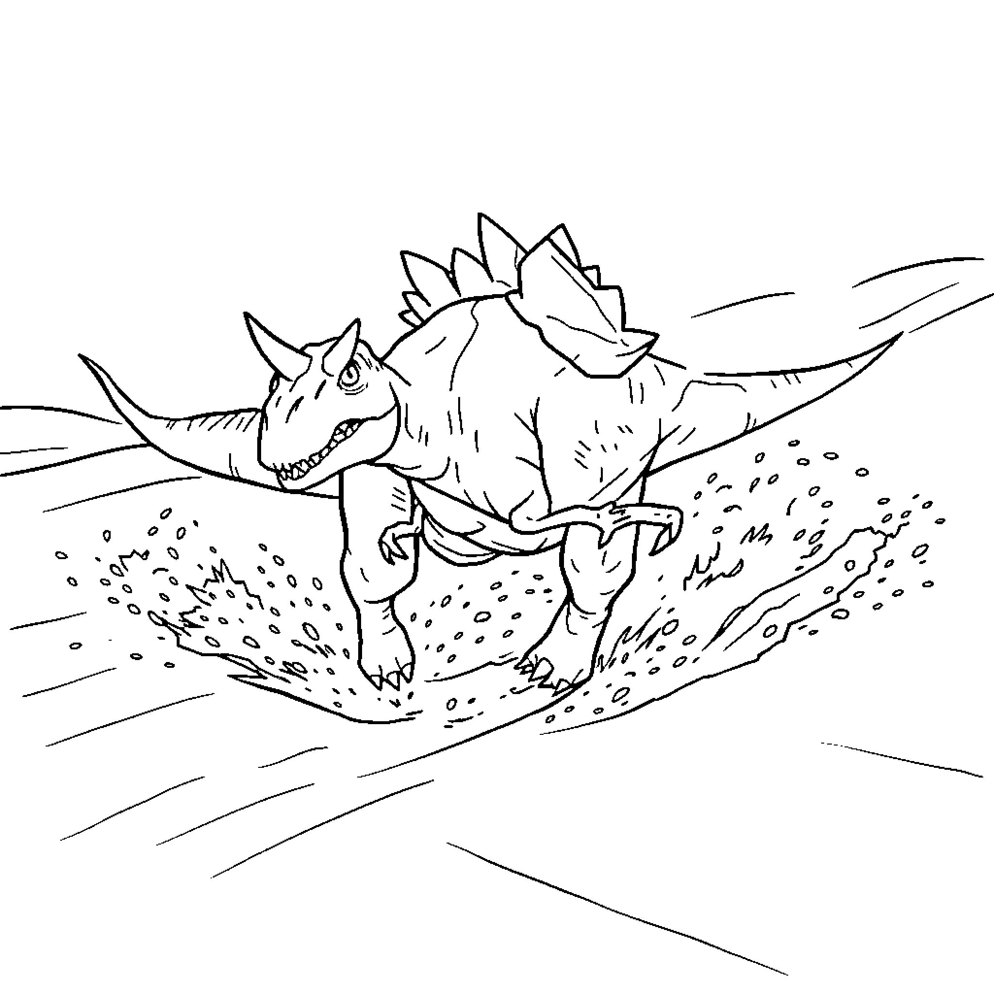 Carnotaurus running aggressively through the desert Coloring Page (free black-and-white line drawing printable PDF for all, from beginners to advanced learners, including children, teens, adults, and seniors)