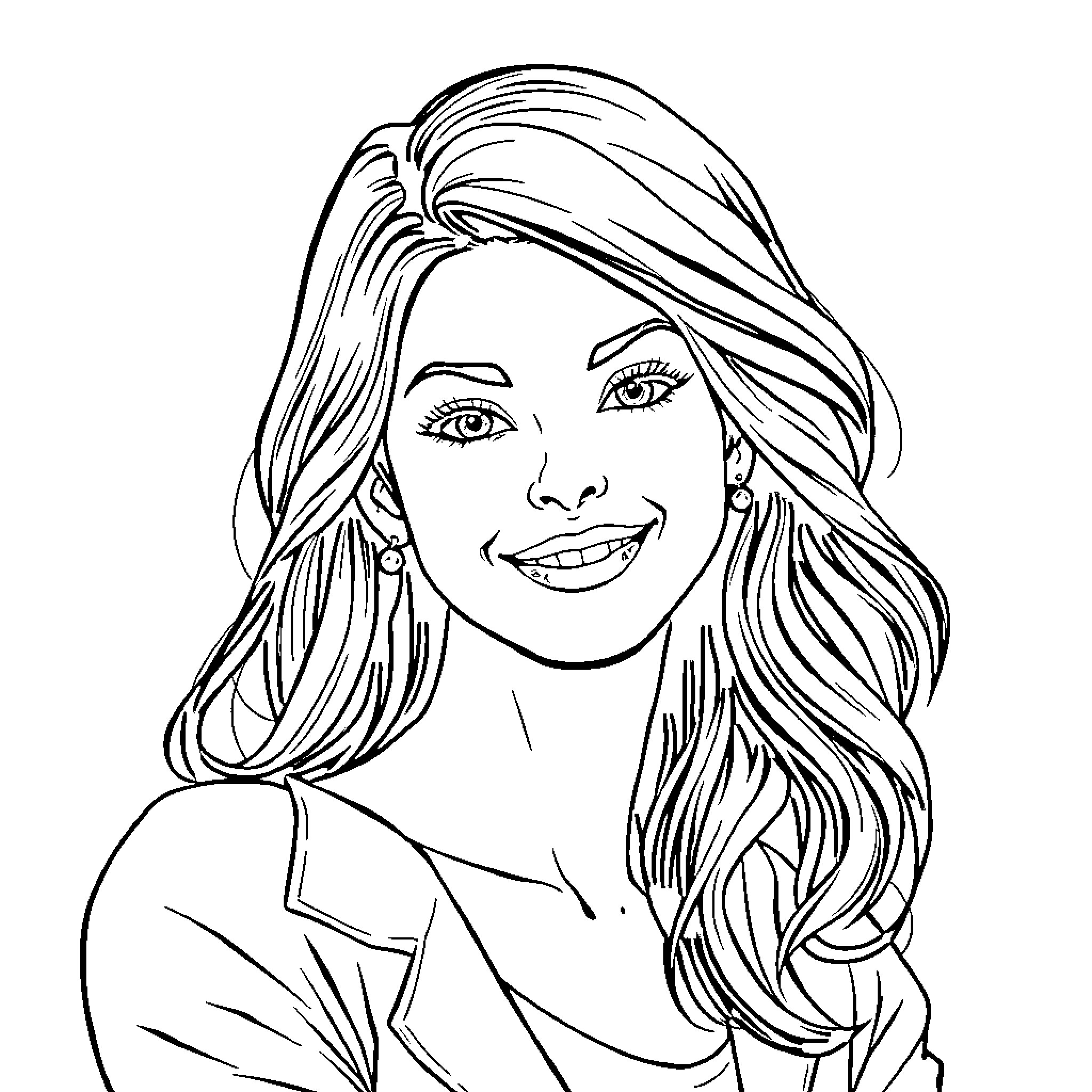 Girl with Flowing Hair and Joyful Expression Coloring Page (free black-and-white line drawing printable PDF for all, from beginners to advanced learners, including children, teens, adults, and seniors)
