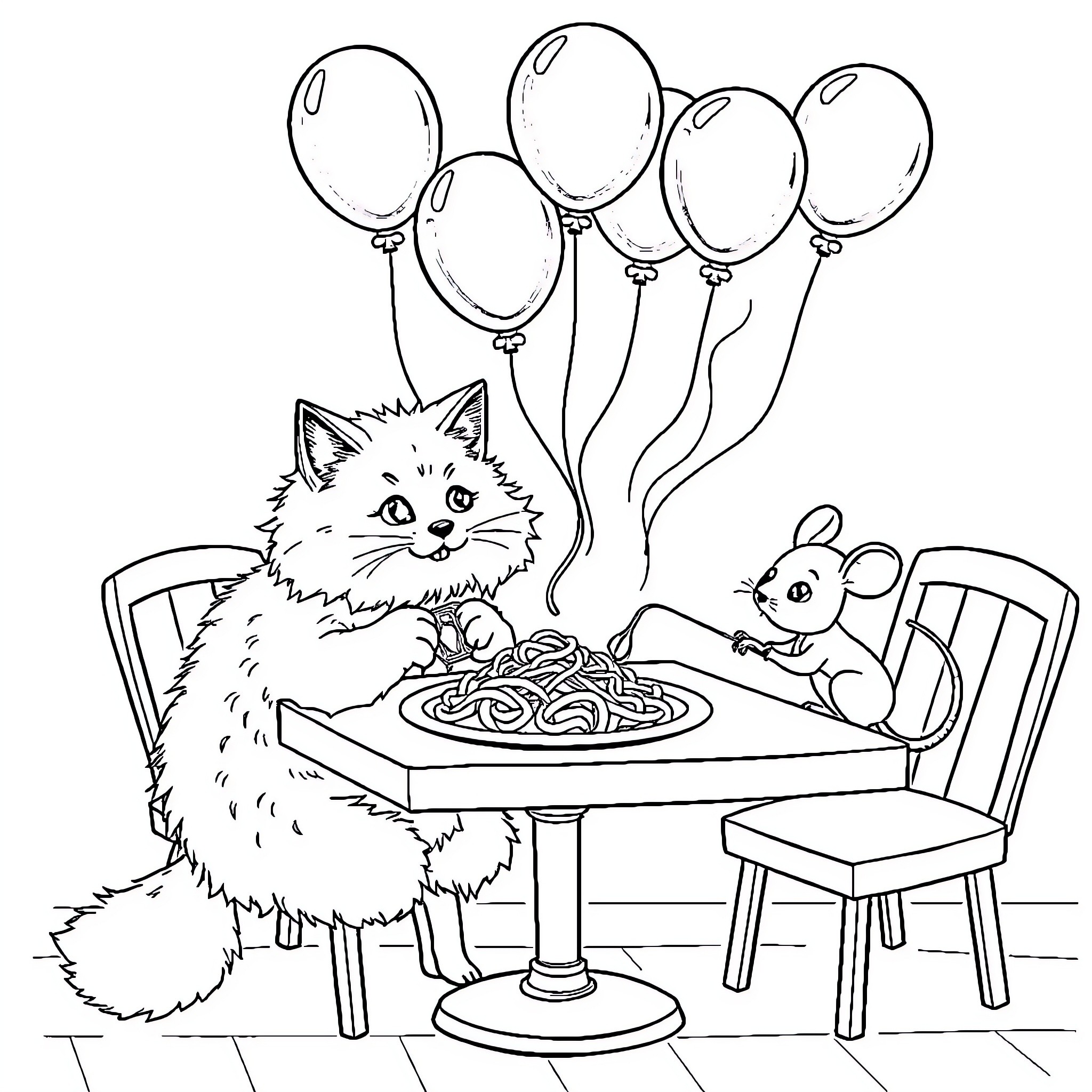 Cat and mouse sharing a meal with balloons Coloring Page (free black-and-white line drawing printable PDF for all, from beginners to advanced learners, including children, teens, adults, and seniors)