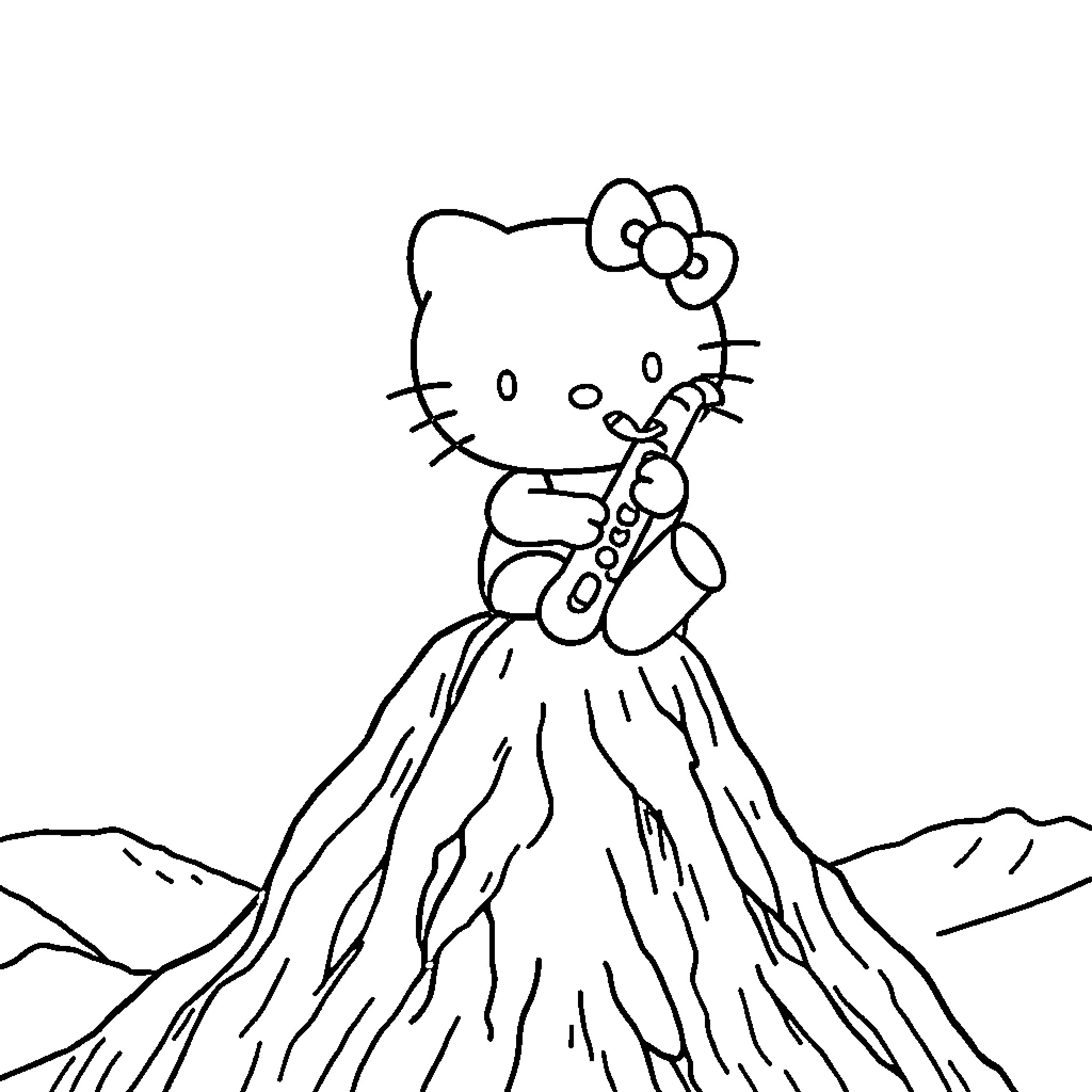 Hello Kitty exploring a volcanic landscape Coloring Page (free black-and-white line drawing printable PDF for all, from beginners to advanced learners, including children, teens, adults, and seniors)