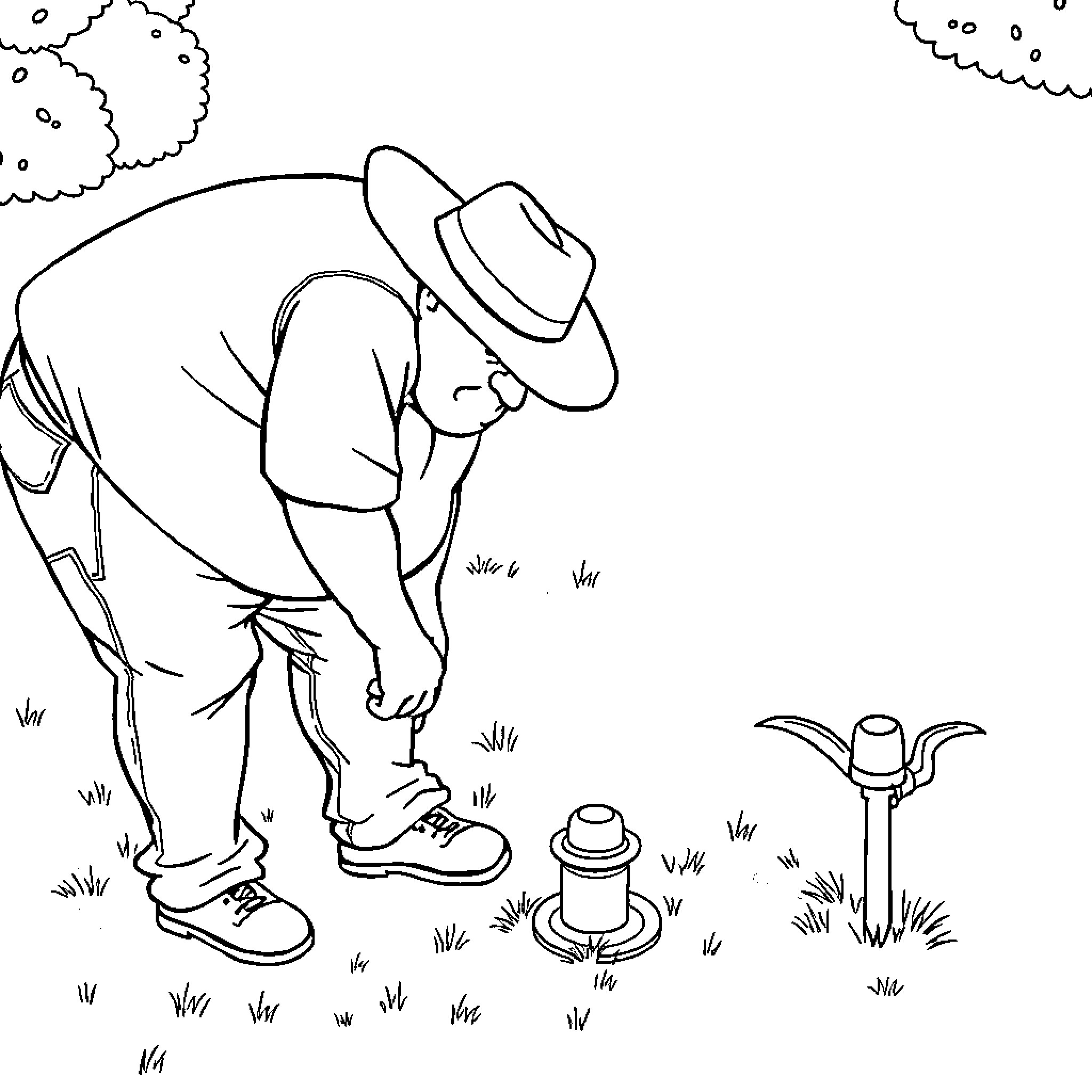 Man crouching down to light campfire in the woods Coloring Page (free black-and-white line drawing printable PDF for all, from beginners to advanced learners, including children, teens, adults, and seniors)