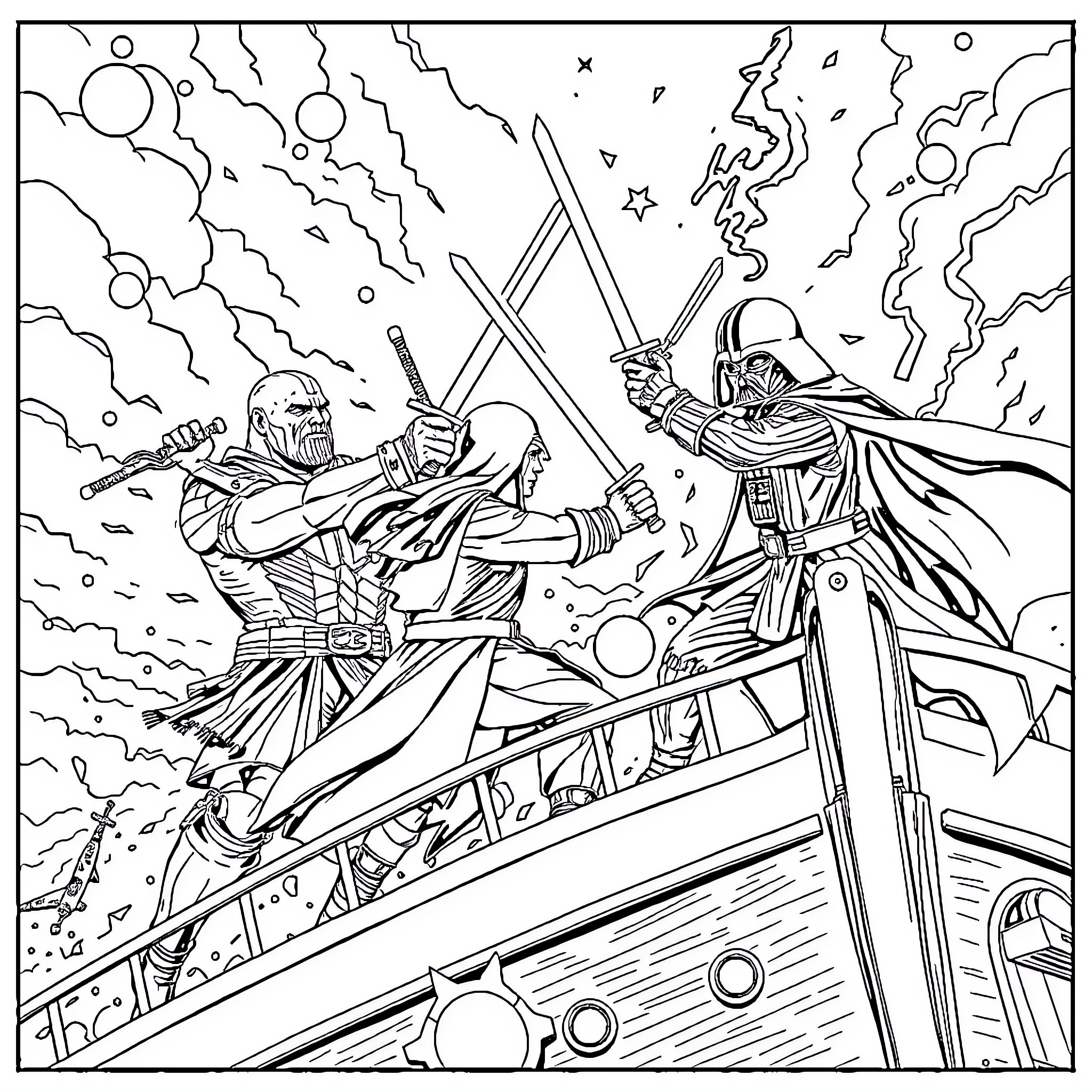 Thanos battling Darth Vader in epic space combat Coloring Page (free black-and-white line drawing printable PDF for all, from beginners to advanced learners, including children, teens, adults, and seniors)
