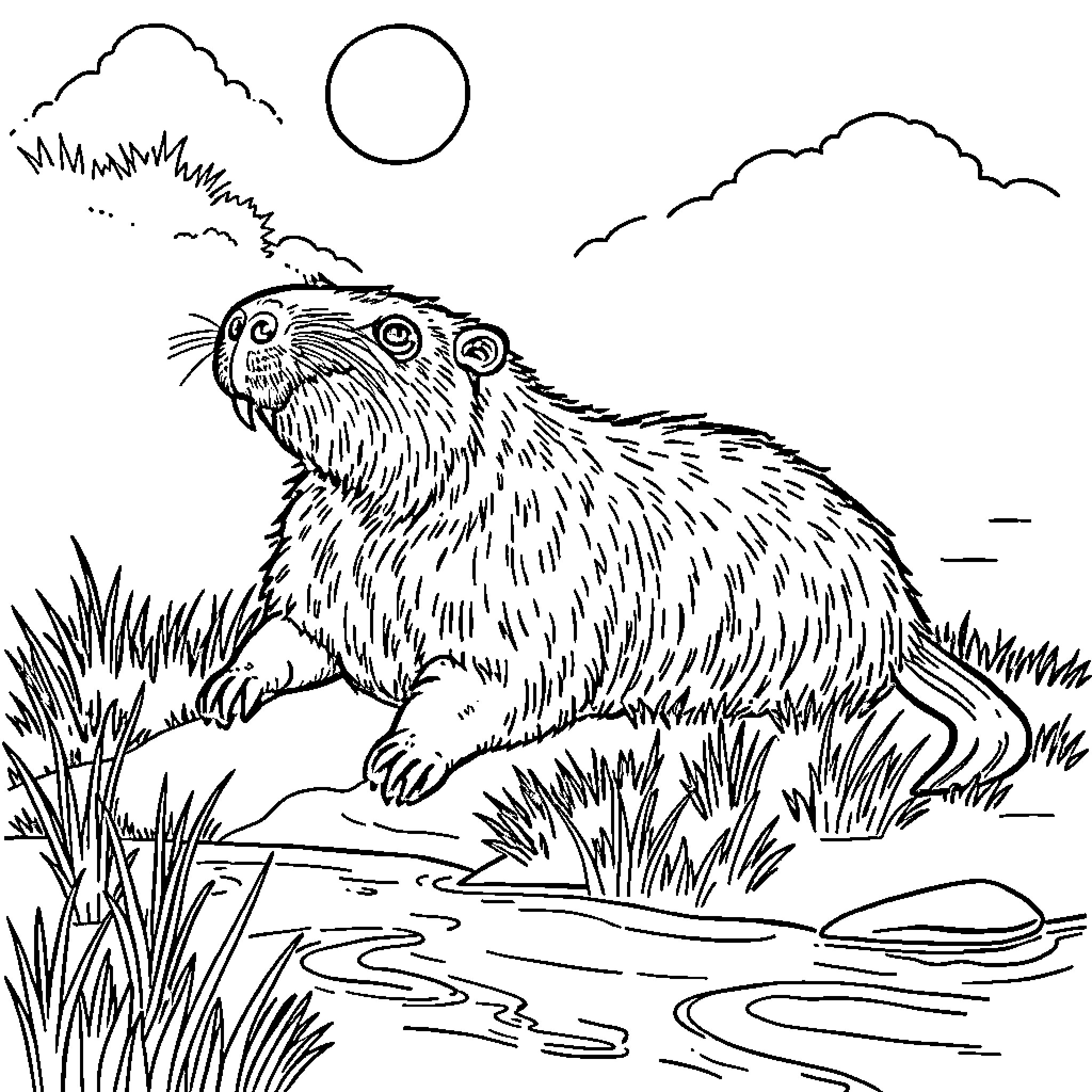 Capybara enjoying a peaceful day in nature Coloring Page (free black-and-white line drawing printable PDF for all, from beginners to advanced learners, including children, teens, adults, and seniors)