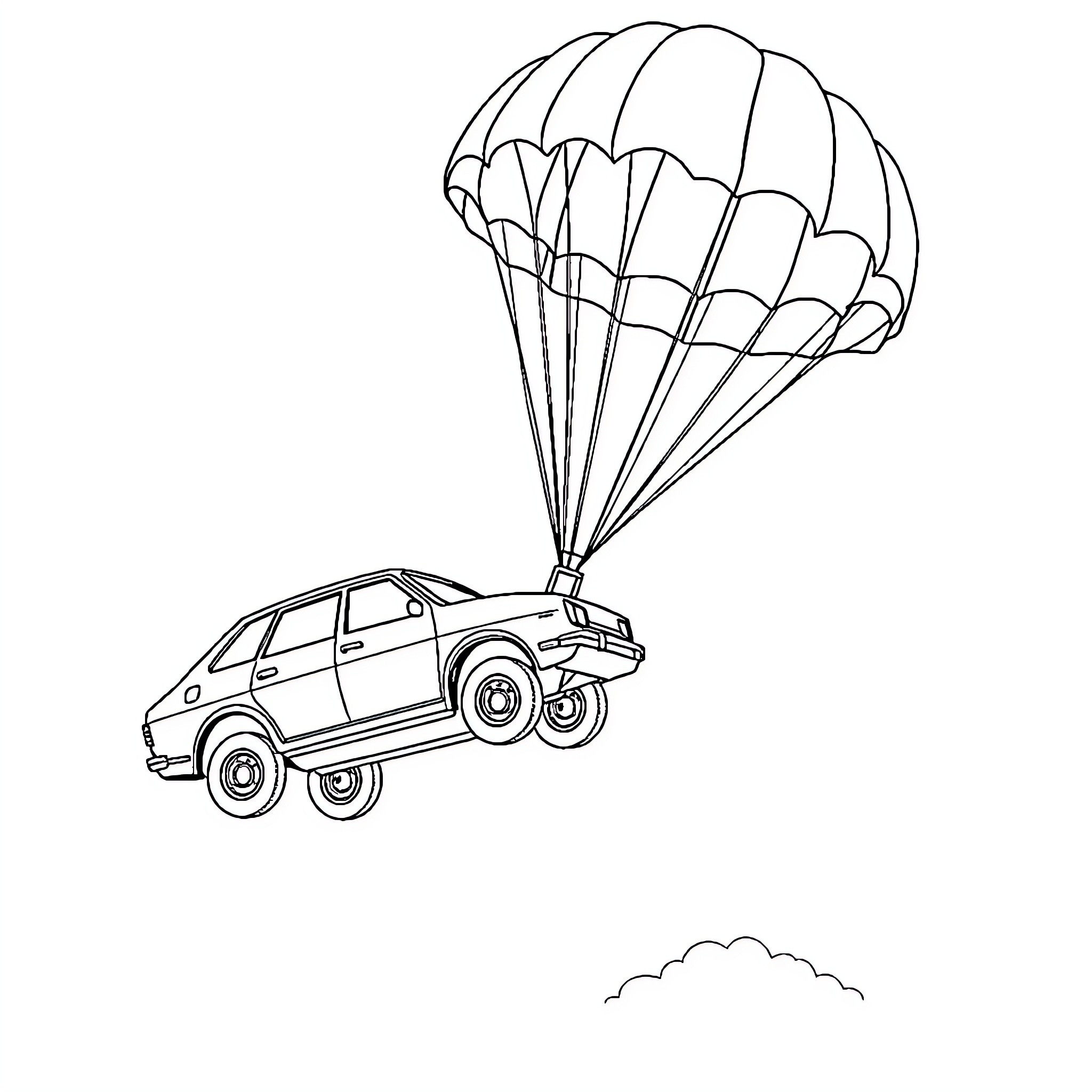 Flying Car descending with parachute Coloring Page (free black-and-white line drawing printable PDF for all, from beginners to advanced learners, including children, teens, adults, and seniors)