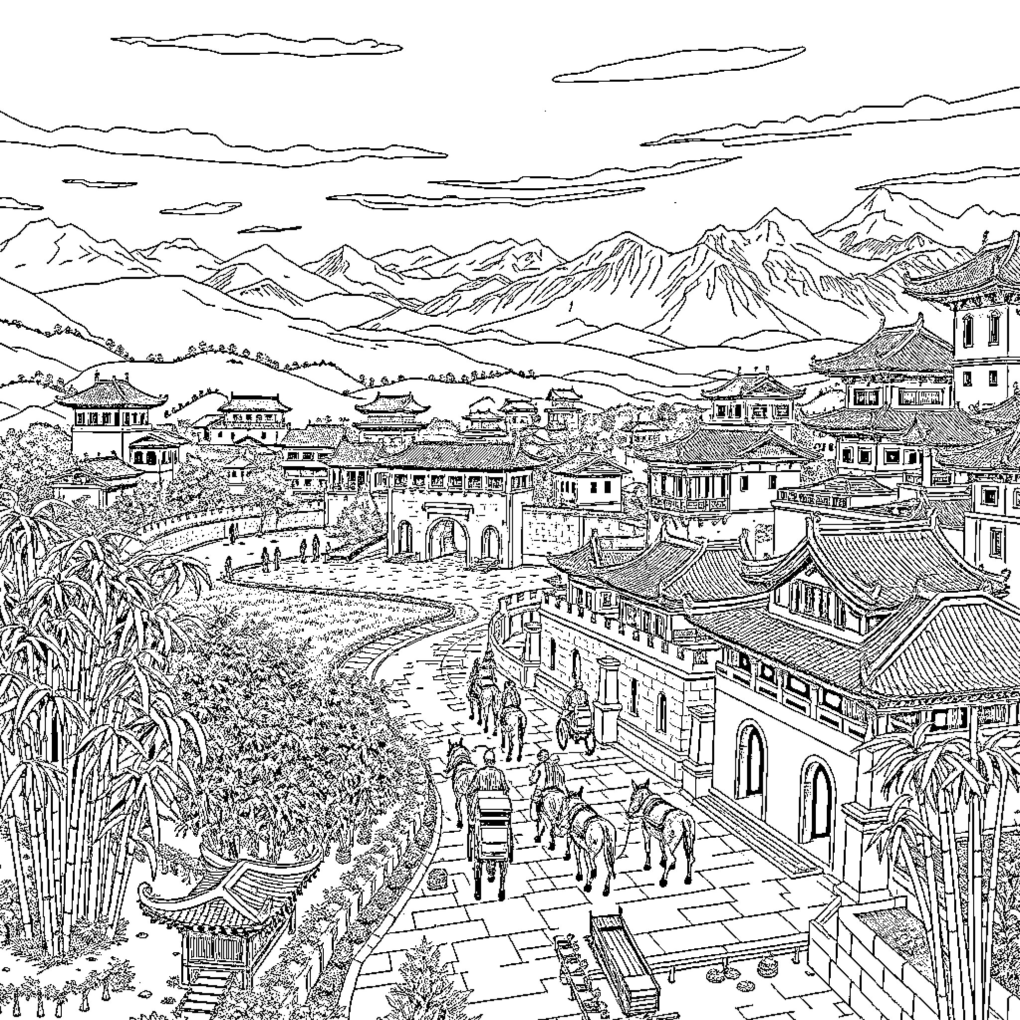 City with traditional architecture and mountainous landscape Coloring Page (free black-and-white line drawing printable PDF for all, from beginners to advanced learners, including children, teens, adults, and seniors)