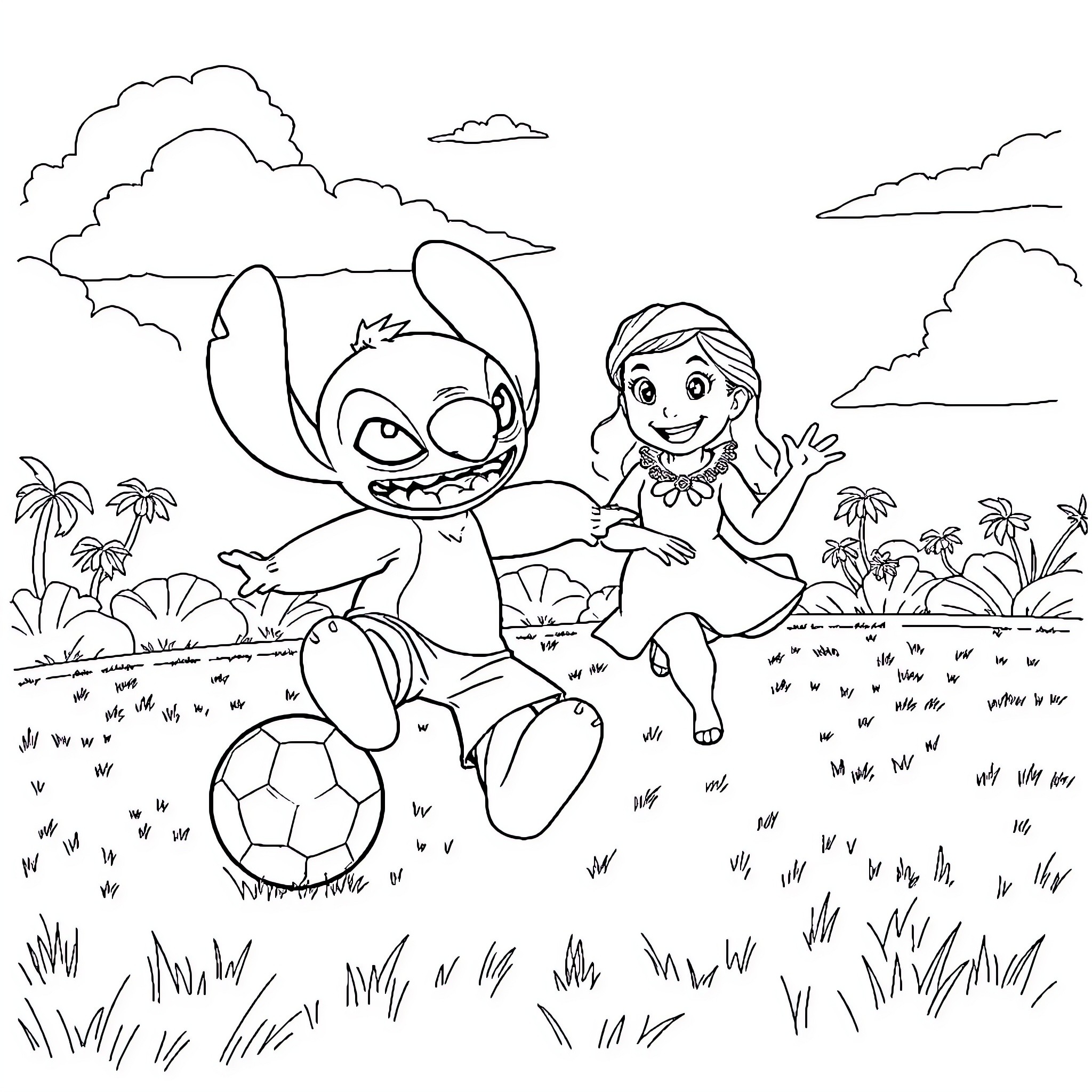 Stitch and Girl Playing Soccer in the Park Coloring Page (free black-and-white line drawing printable PDF for all, from beginners to advanced learners, including children, teens, adults, and seniors)