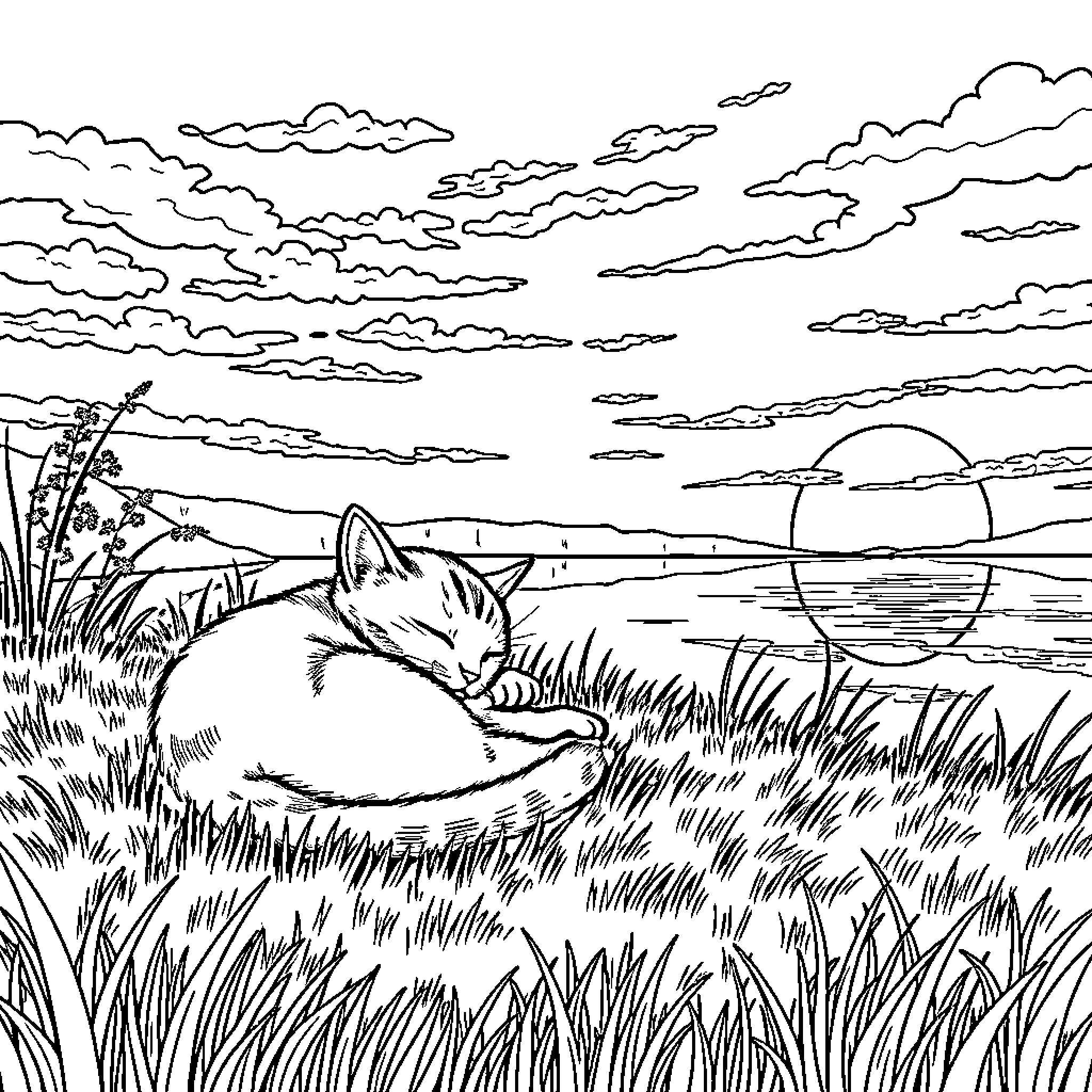 Cat resting peacefully in the meadow at sunset Coloring Page (free black-and-white line drawing printable PDF for all, from beginners to advanced learners, including children, teens, adults, and seniors)