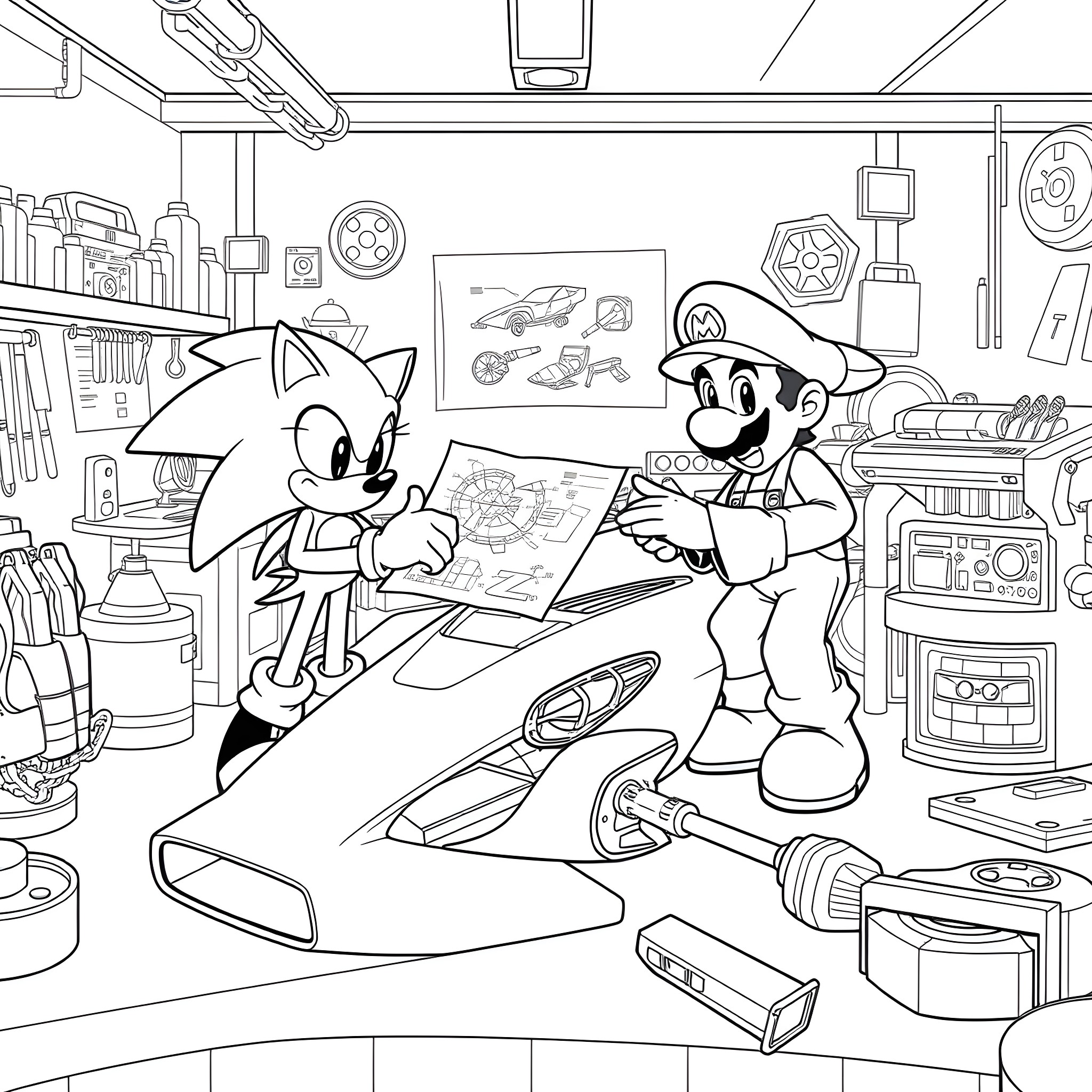 Sonic discussing plans with Mario in a garage workshop Coloring Page (free black-and-white line drawing printable PDF for all, from beginners to advanced learners, including children, teens, adults, and seniors)