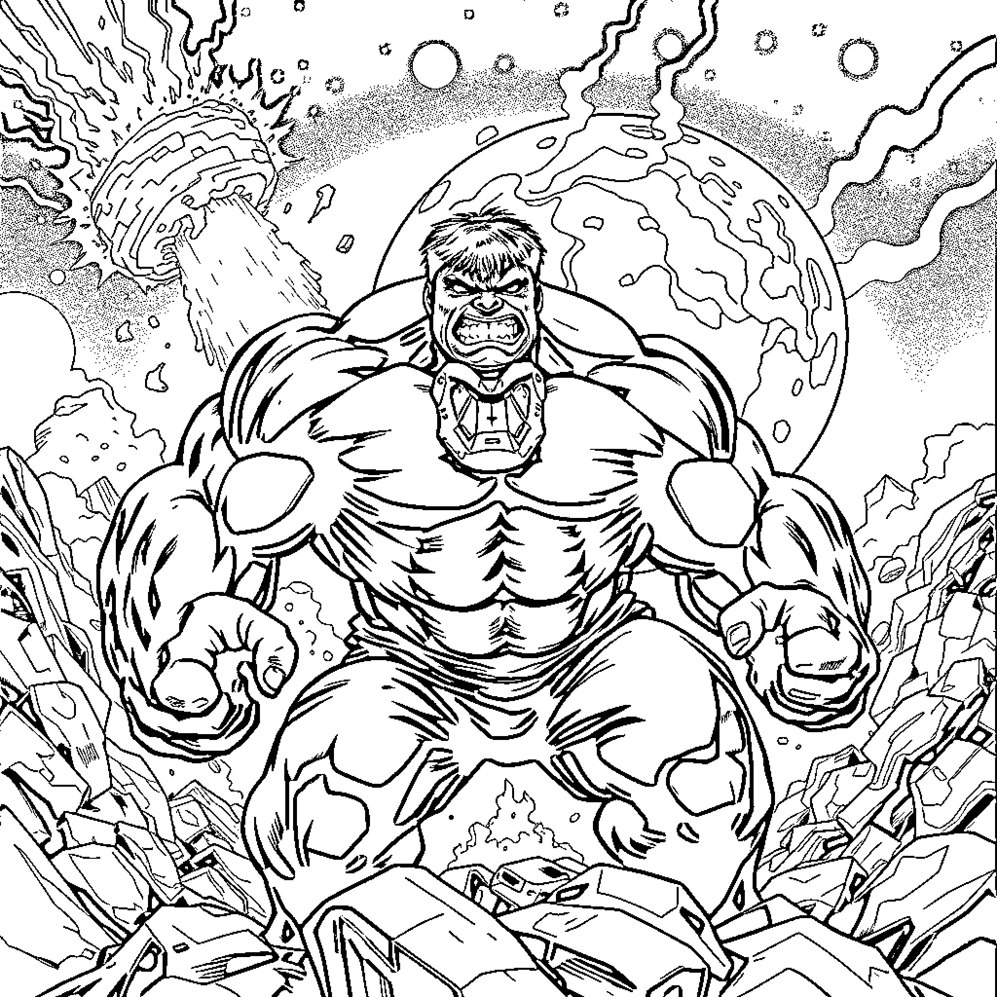Hulk unleashing powerful energy burst on Earth Coloring Page (free black-and-white line drawing printable PDF for all, from beginners to advanced learners, including children, teens, adults, and seniors)