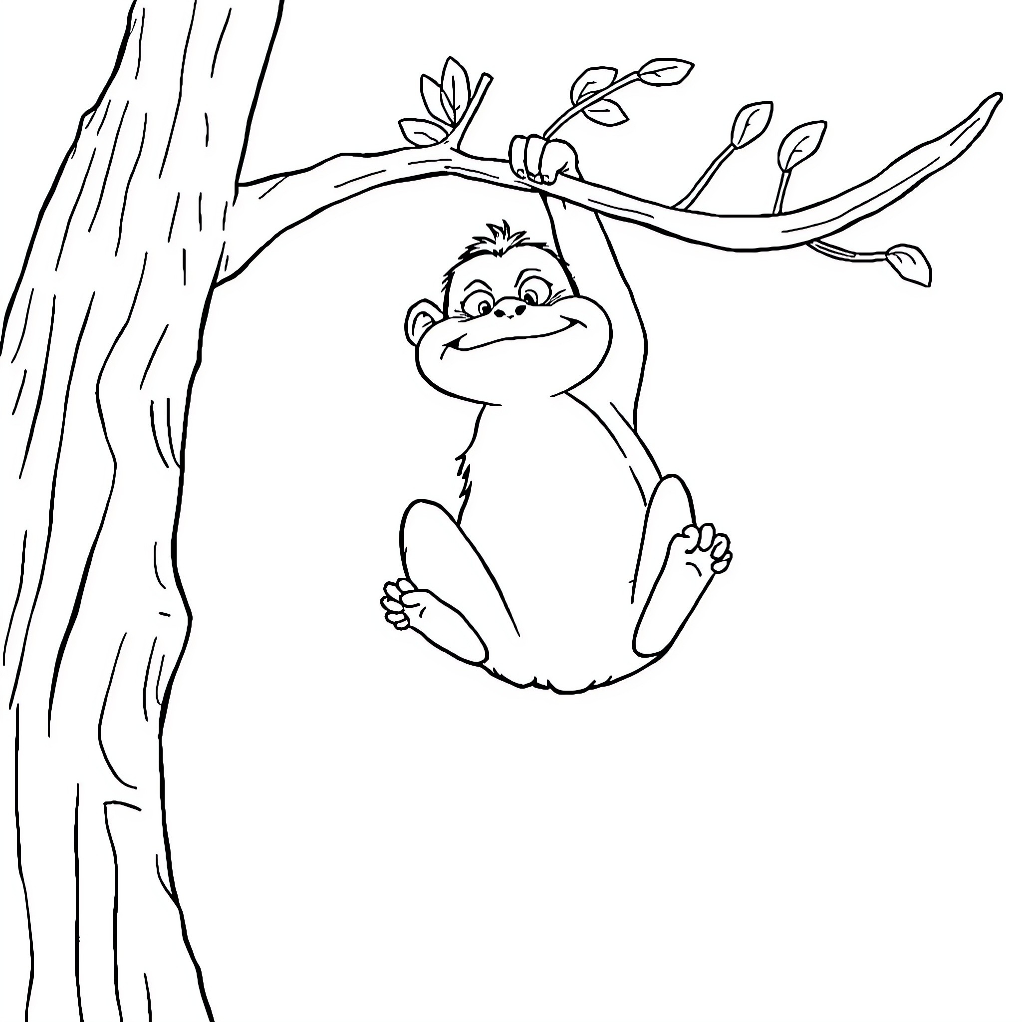 Sloth hanging happily on a tree branch Coloring Page (free black-and-white line drawing printable PDF for all, from beginners to advanced learners, including children, teens, adults, and seniors)