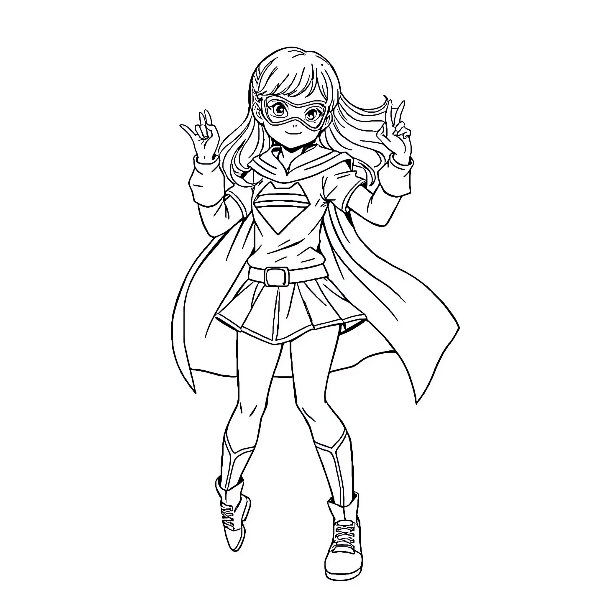 Kpop Girl in Superhero Costume Striking a Pose Coloring Page (free black-and-white line drawing printable PDF for all, from beginners to advanced learners, including children, teens, adults, and seniors)