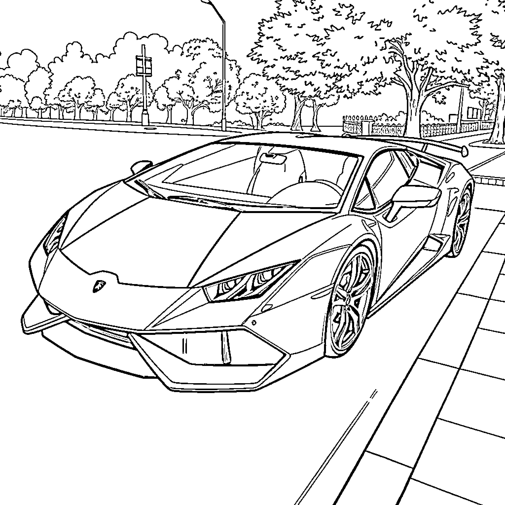 Lamborghini supercar speeding down city street Coloring Page (free black-and-white line drawing printable PDF for all, from beginners to advanced learners, including children, teens, adults, and seniors)