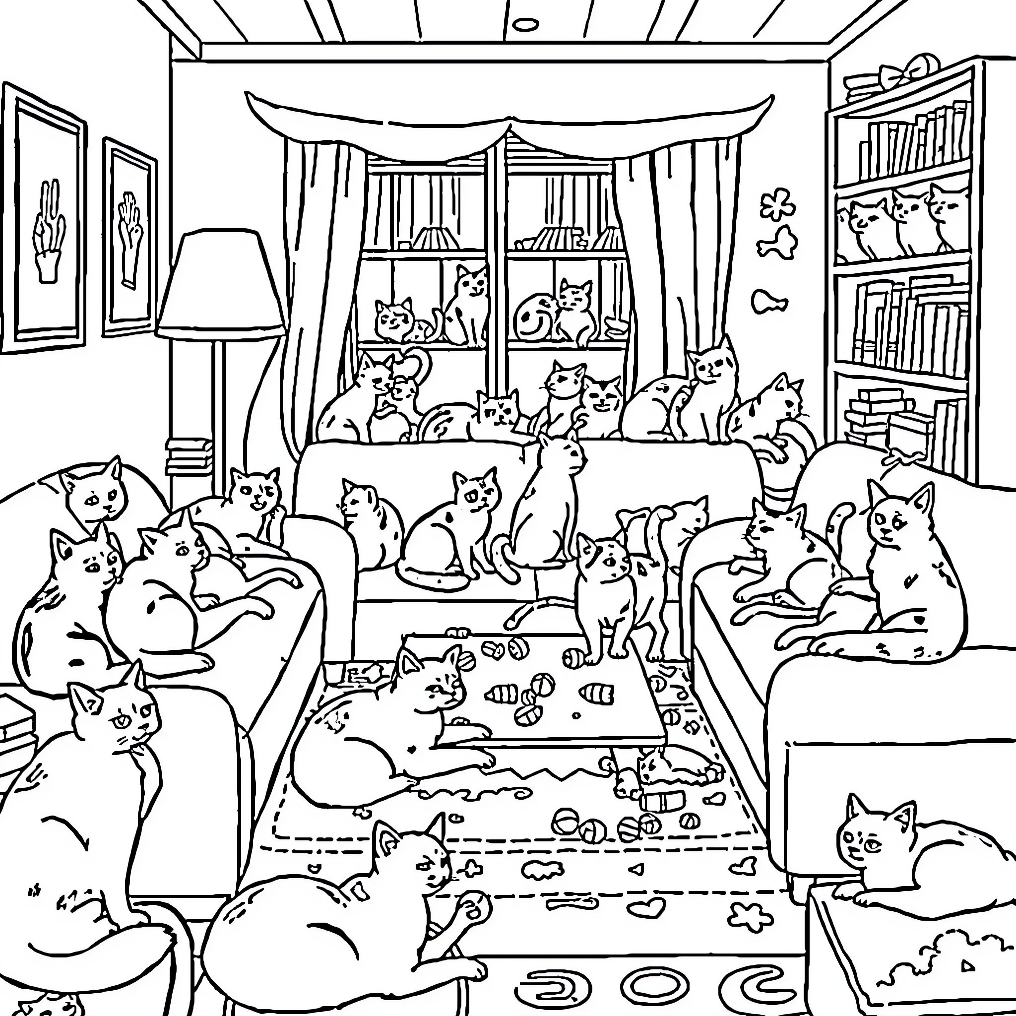 Cat house party with many feline friends Coloring Page (free black-and-white line drawing printable PDF for all, from beginners to advanced learners, including children, teens, adults, and seniors)