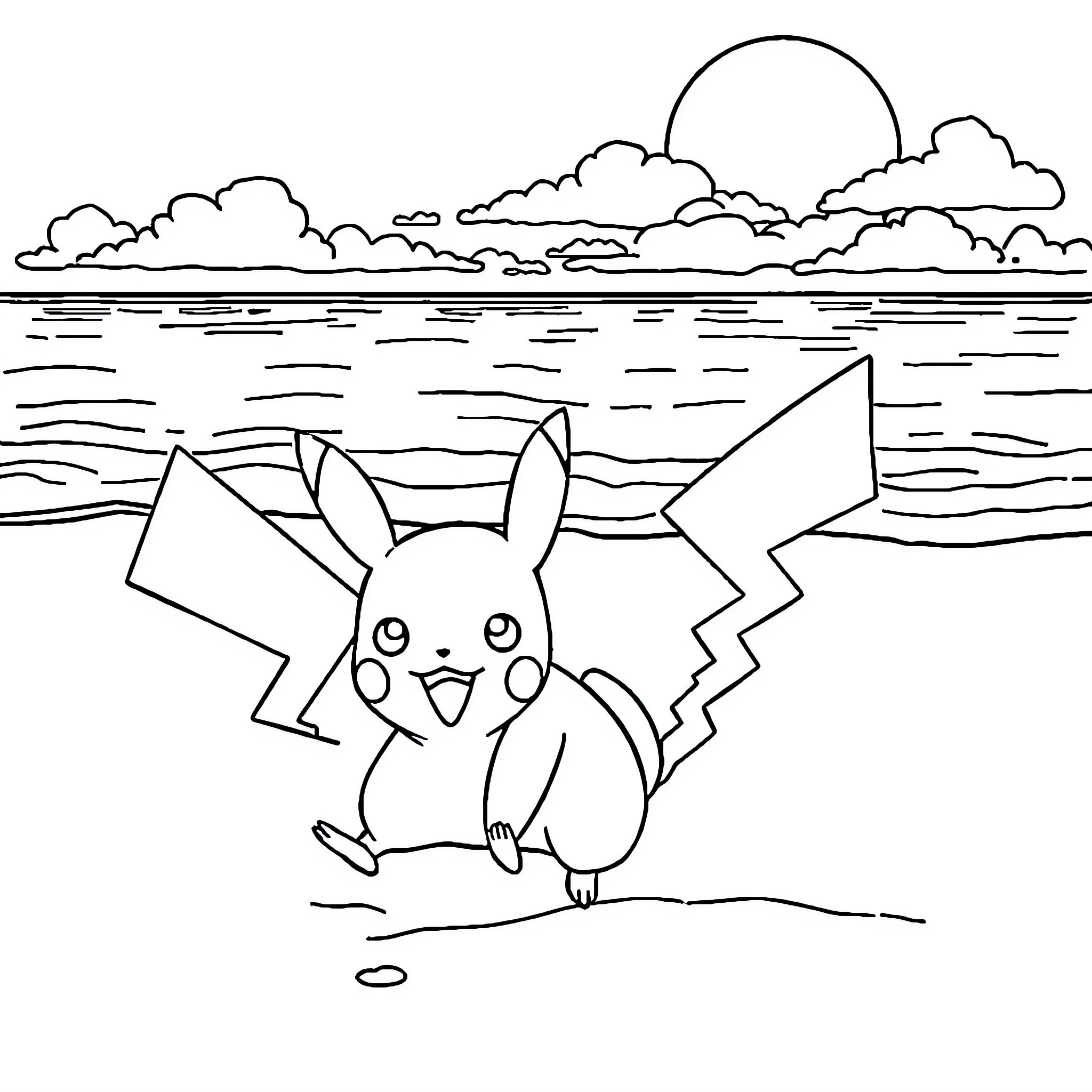 Pikachu enjoying the seaside scenery Coloring Page (free black-and-white line drawing printable PDF for all, from beginners to advanced learners, including children, teens, adults, and seniors)