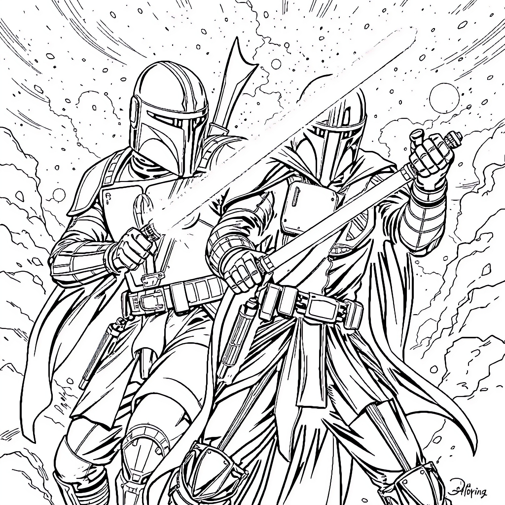 Mandalorian Warriors in Fierce Battle Coloring Page (free black-and-white line drawing printable PDF for all, from beginners to advanced learners, including children, teens, adults, and seniors)