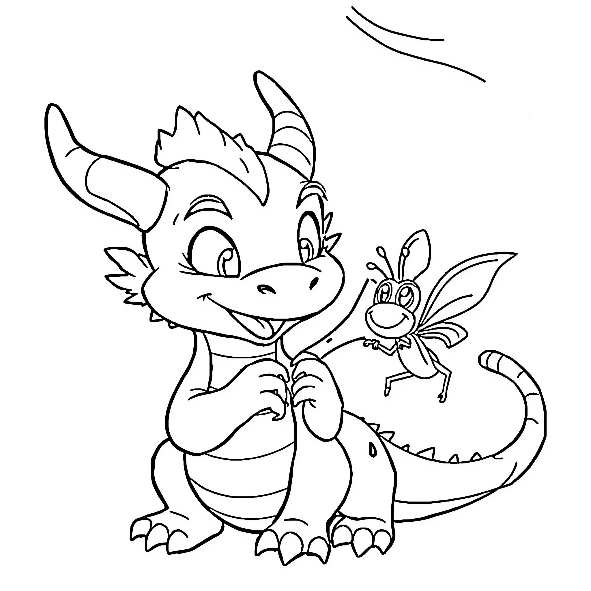 Mushu the Dragon and His Insect Friend Coloring Page (free black-and-white line drawing printable PDF for all, from beginners to advanced learners, including children, teens, adults, and seniors)