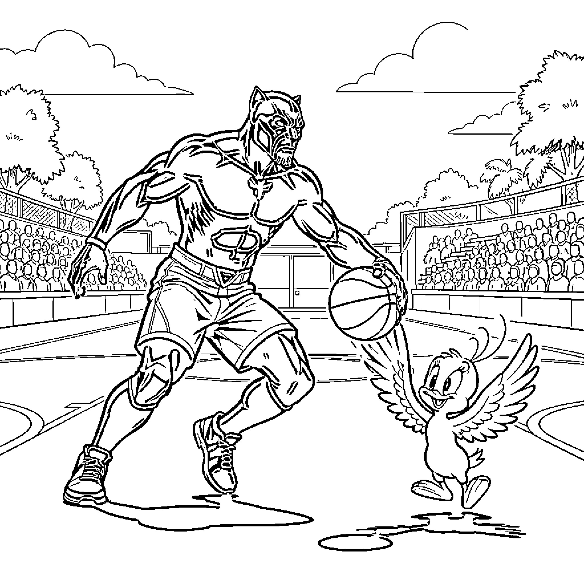 Black Panther playing basketball with Falcon Coloring Page (free black-and-white line drawing printable PDF for all, from beginners to advanced learners, including children, teens, adults, and seniors)
