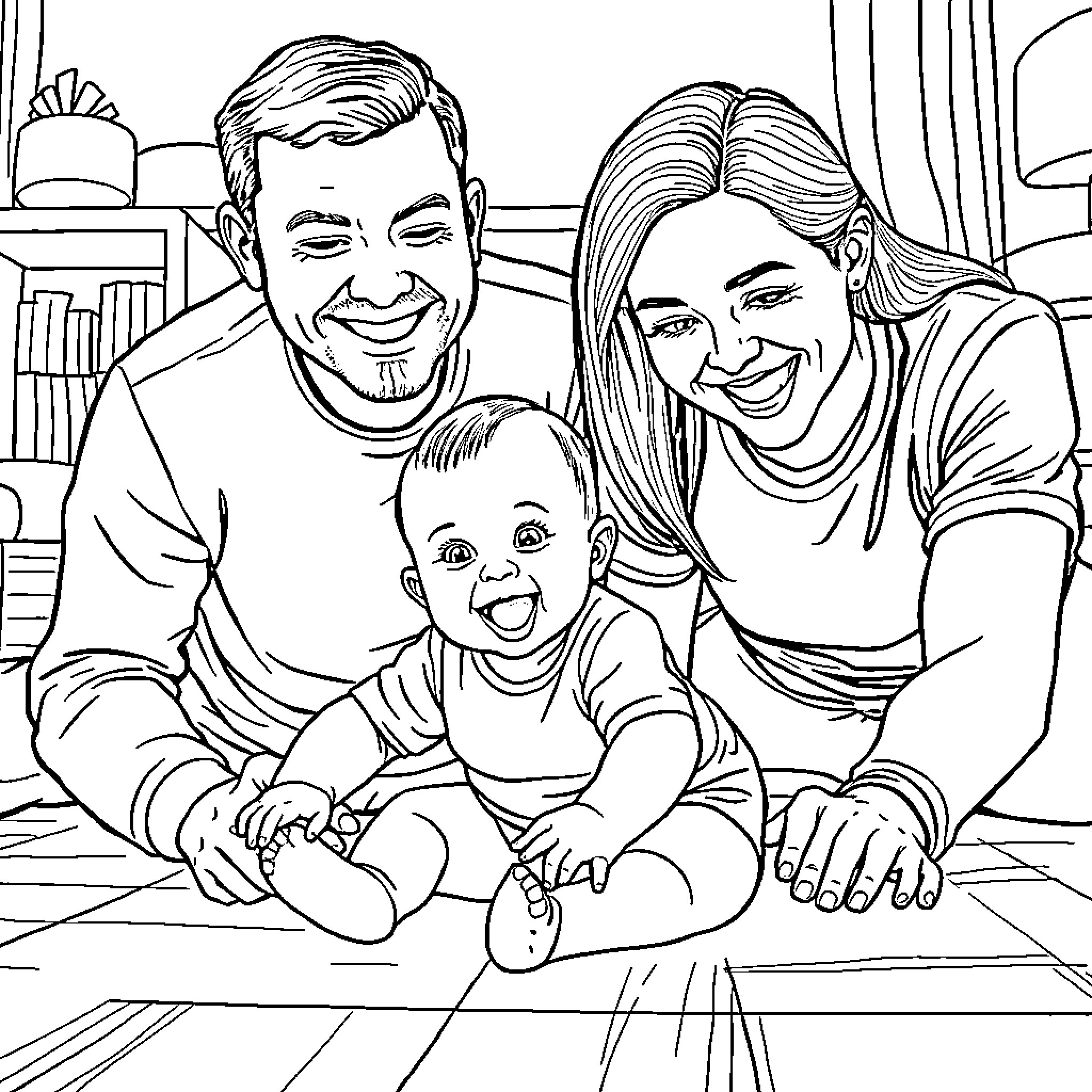 Baby's Happy Family Moment Coloring Page (free black-and-white line drawing printable PDF for all, from beginners to advanced learners, including children, teens, adults, and seniors)