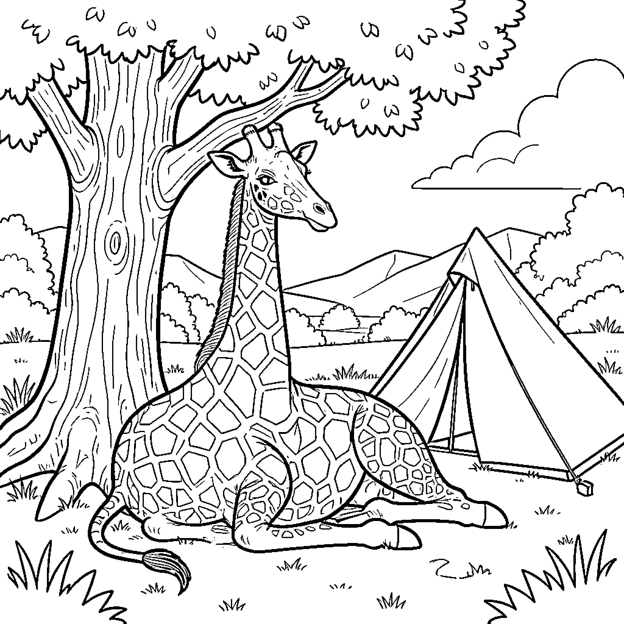 Giraffe resting peacefully near a tent under a tree Coloring Page (free black-and-white line drawing printable PDF for all, from beginners to advanced learners, including children, teens, adults, and seniors)