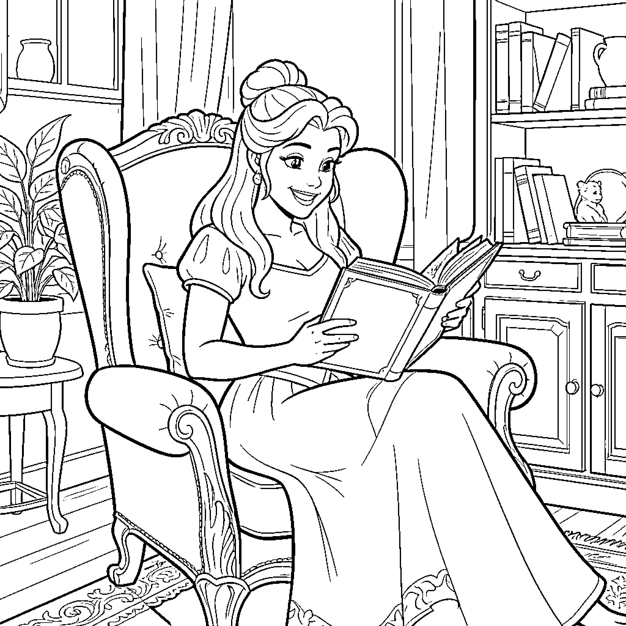 Beauty reading a book in a cozy library Coloring Page (free black-and-white line drawing printable PDF for all, from beginners to advanced learners, including children, teens, adults, and seniors)
