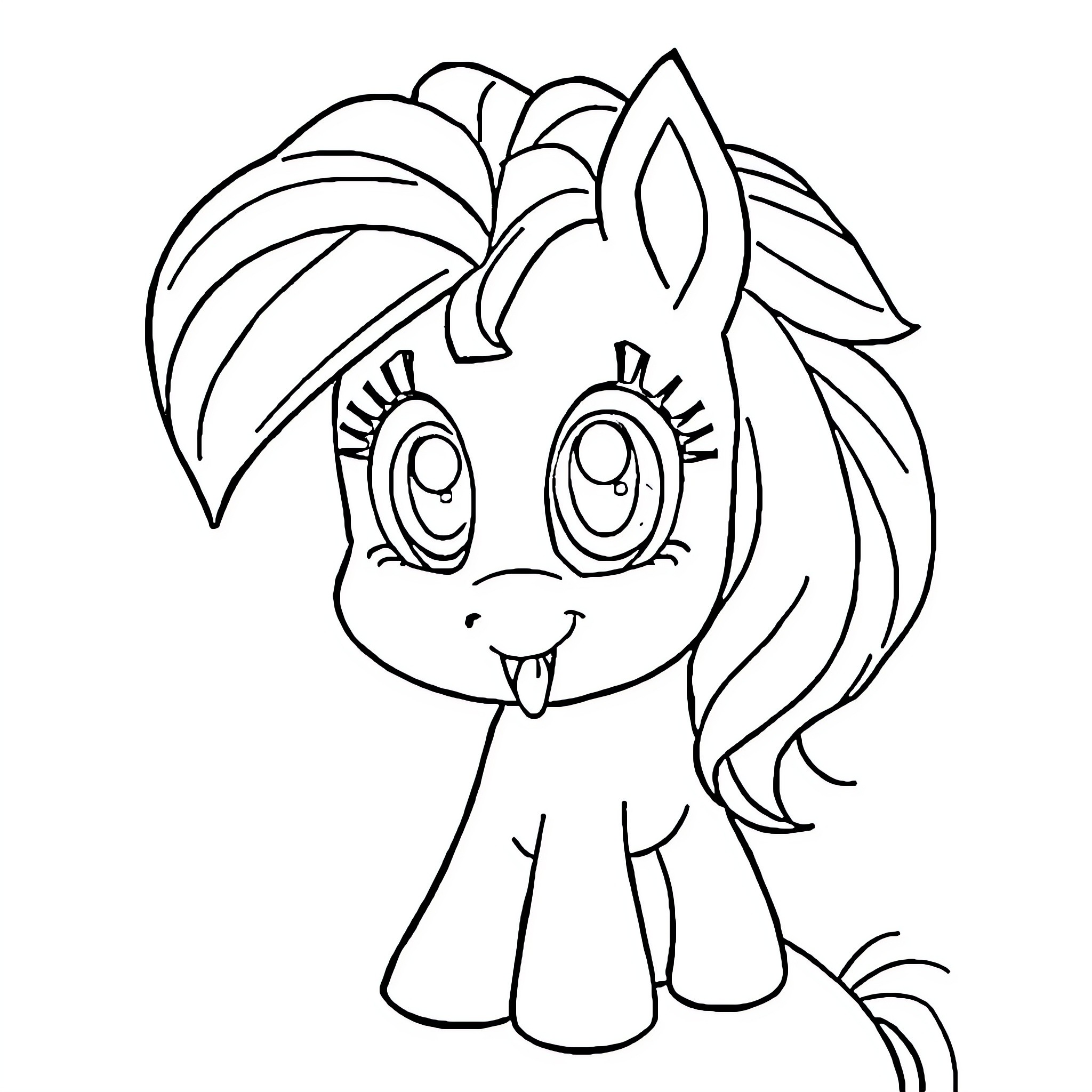 Pony with Exaggerated Features and Playful Expression Coloring Page (free black-and-white line drawing printable PDF for all, from beginners to advanced learners, including children, teens, adults, and seniors)