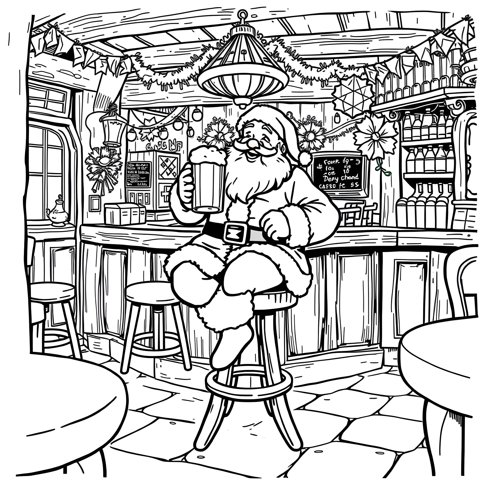 Santa Claus enjoying a drink at the festive bar Coloring Page (free black-and-white line drawing printable PDF for all, from beginners to advanced learners, including children, teens, adults, and seniors)
