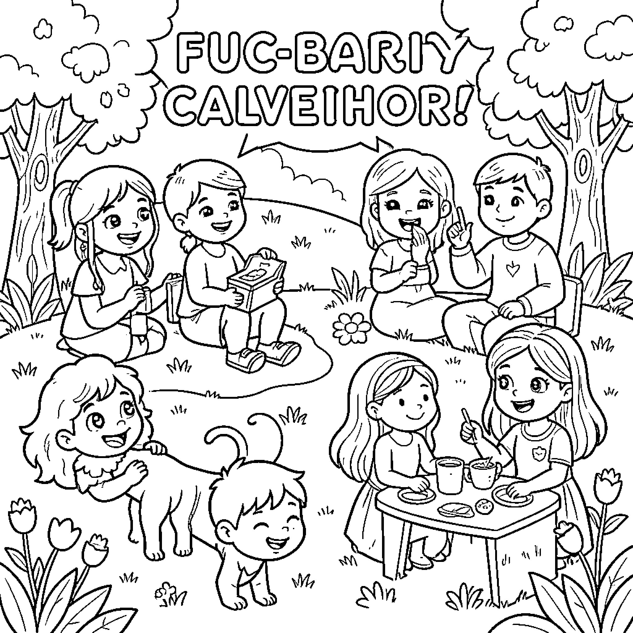 Color by Nu Children playing and eating outdoors Coloring Page (free black-and-white line drawing printable PDF for all, from beginners to advanced learners, including children, teens, adults, and seniors)