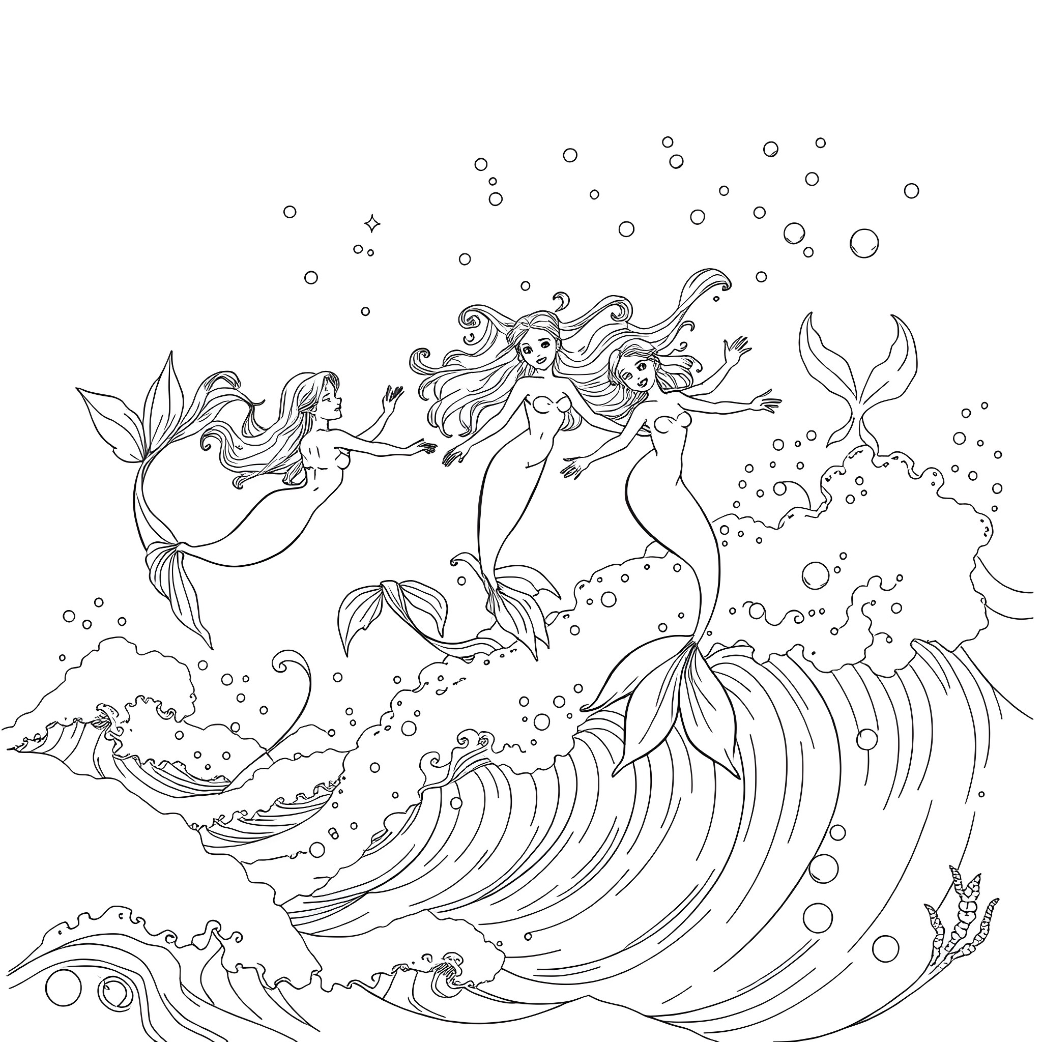 Mermaid mermaids dancing in the ocean waves Coloring Page (free black-and-white line drawing printable PDF for all, from beginners to advanced learners, including children, teens, adults, and seniors)