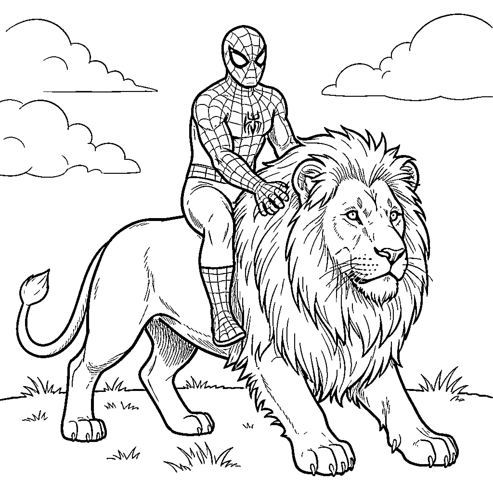 Spiderman riding on the back of a lion Coloring Page (free black-and-white line drawing printable PDF for all, from beginners to advanced learners, including children, teens, adults, and seniors)