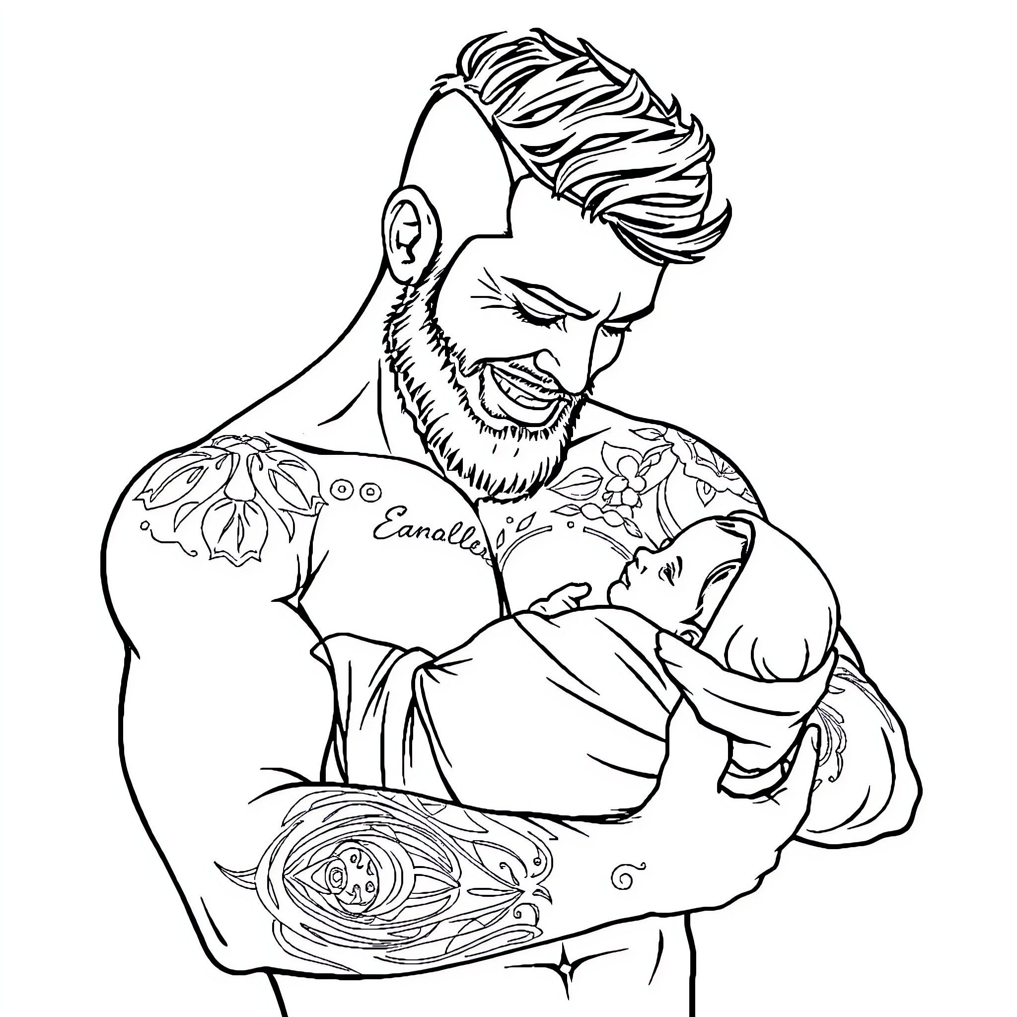 Homme with tattooed arms embracing a sleeping baby Coloring Page (free black-and-white line drawing printable PDF for all, from beginners to advanced learners, including children, teens, adults, and seniors)