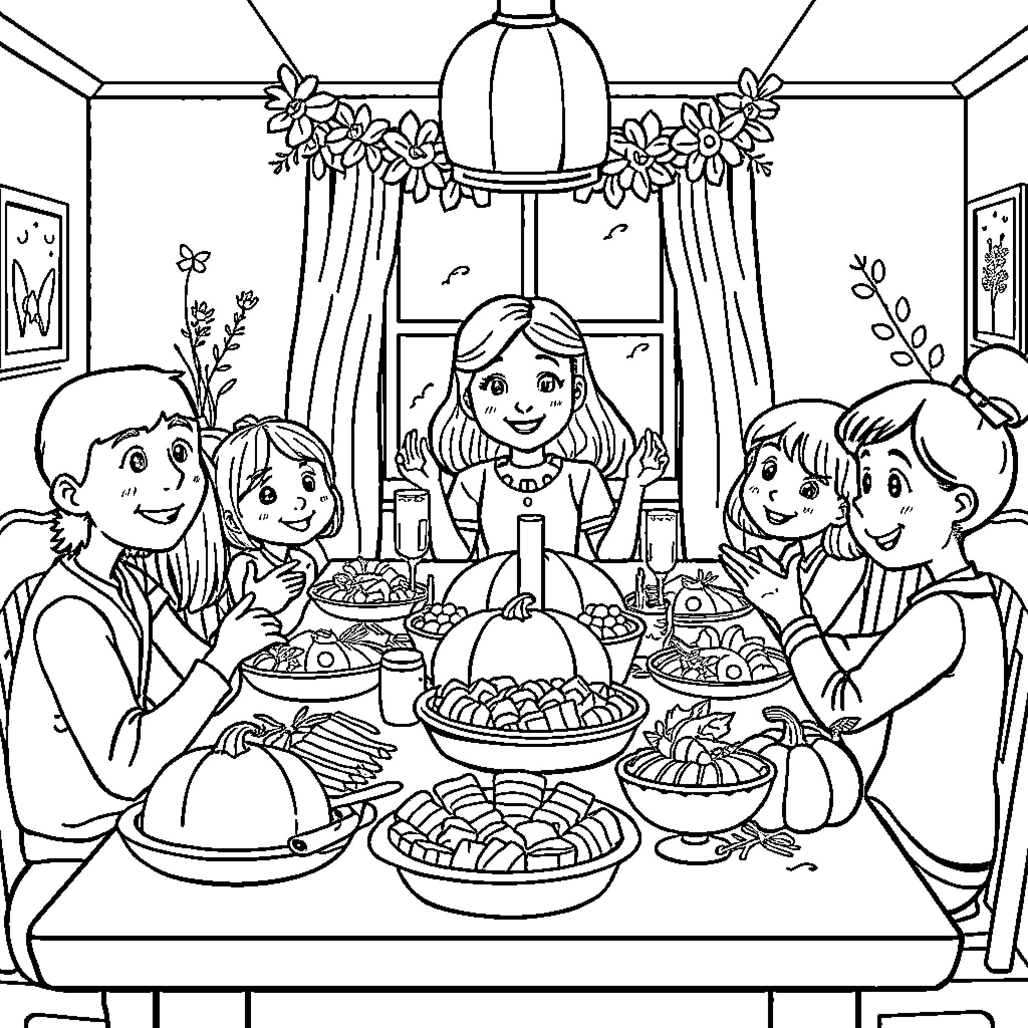 Miss Rachel's Family Dinner Celebration Coloring Page (free black-and-white line drawing printable PDF for all, from beginners to advanced learners, including children, teens, adults, and seniors)