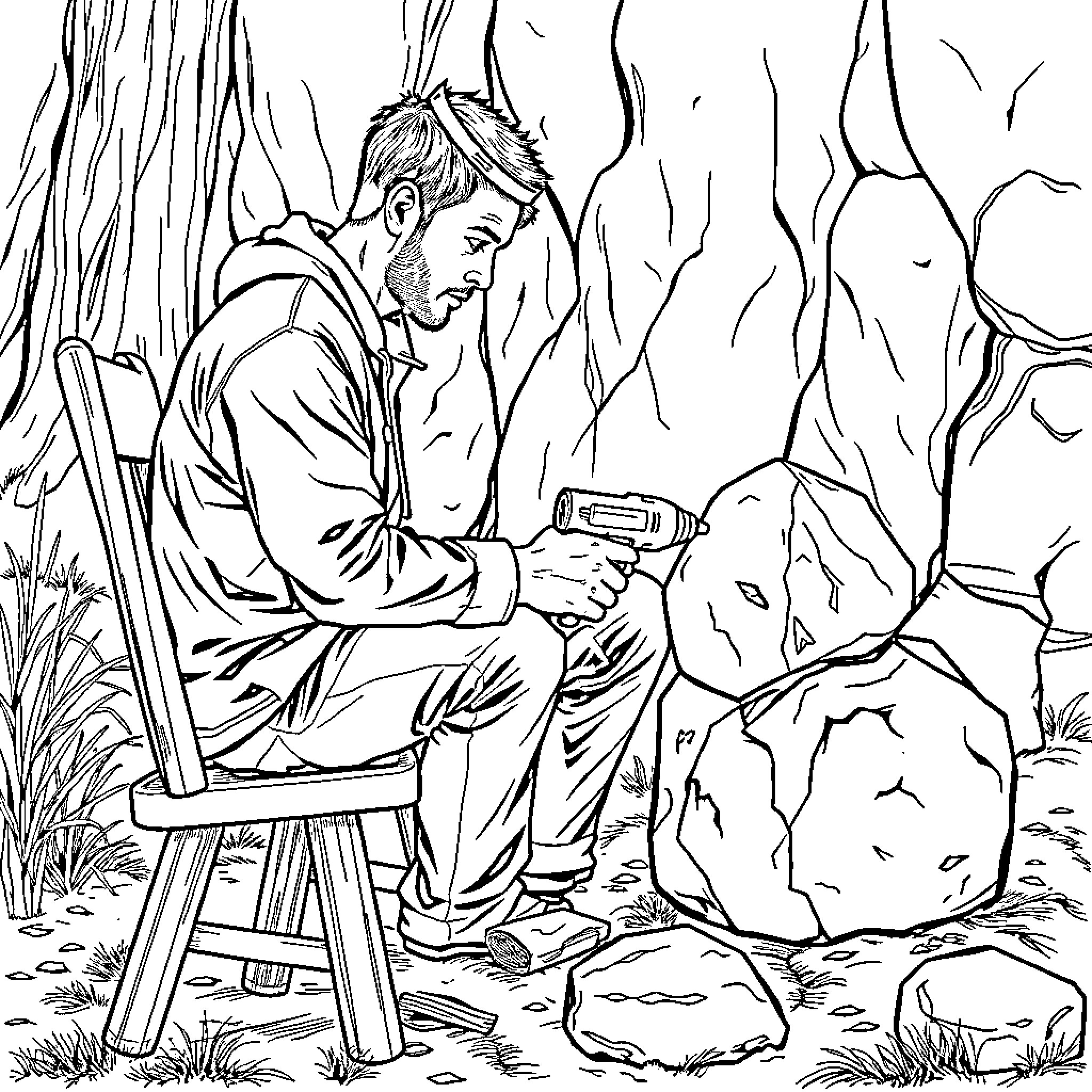 Man painting outdoors with nature scenery Coloring Page (free black-and-white line drawing printable PDF for all, from beginners to advanced learners, including children, teens, adults, and seniors)