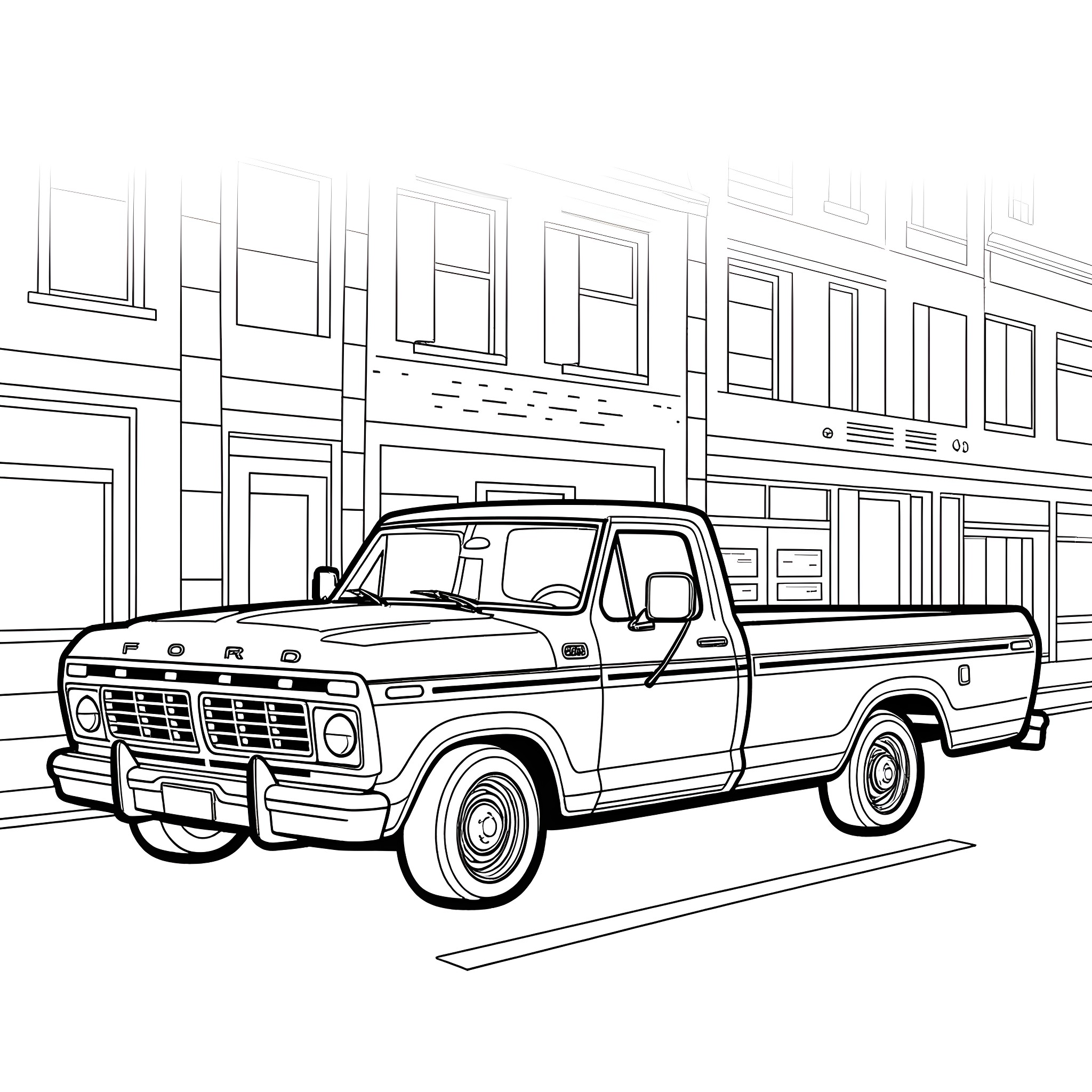 Ford Courier pickup truck on city street Coloring Page (free black-and-white line drawing printable PDF for all, from beginners to advanced learners, including children, teens, adults, and seniors)