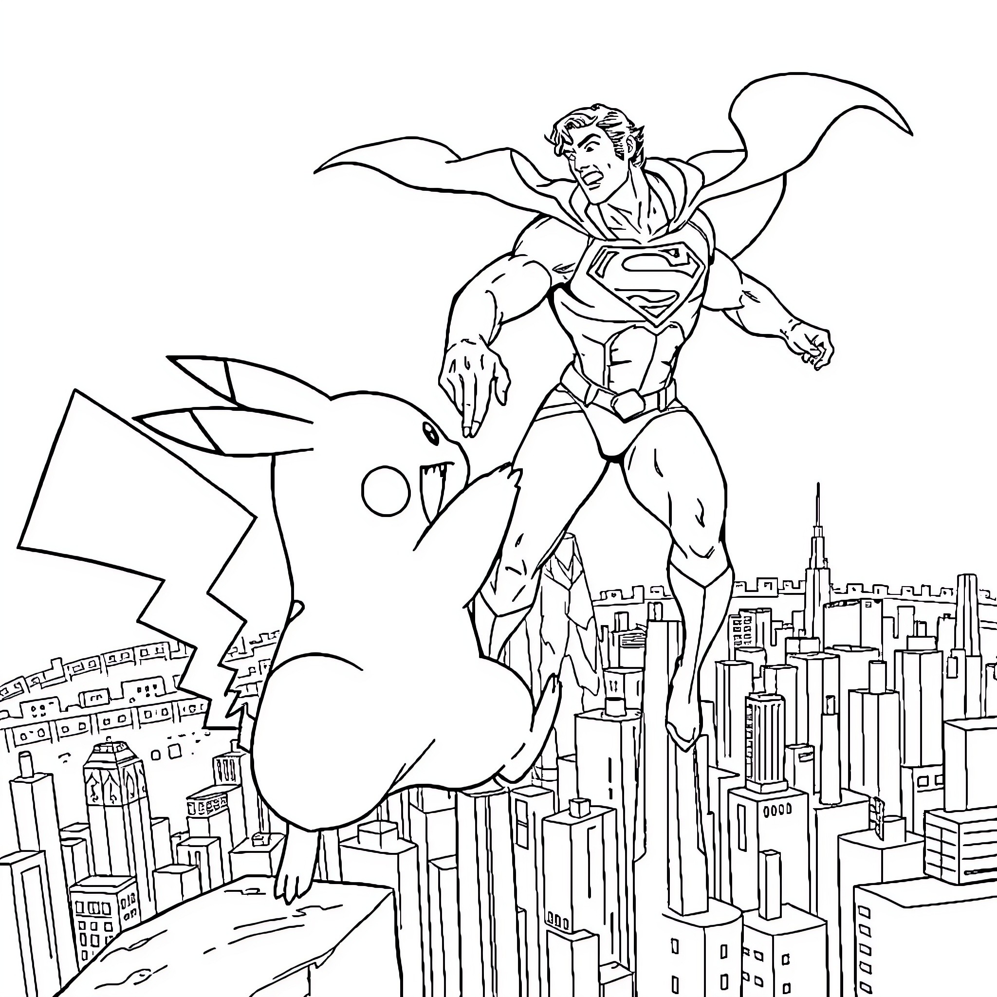 Pikachu and the Superhero Flying Over the City Coloring Page (free black-and-white line drawing printable PDF for all, from beginners to advanced learners, including children, teens, adults, and seniors)