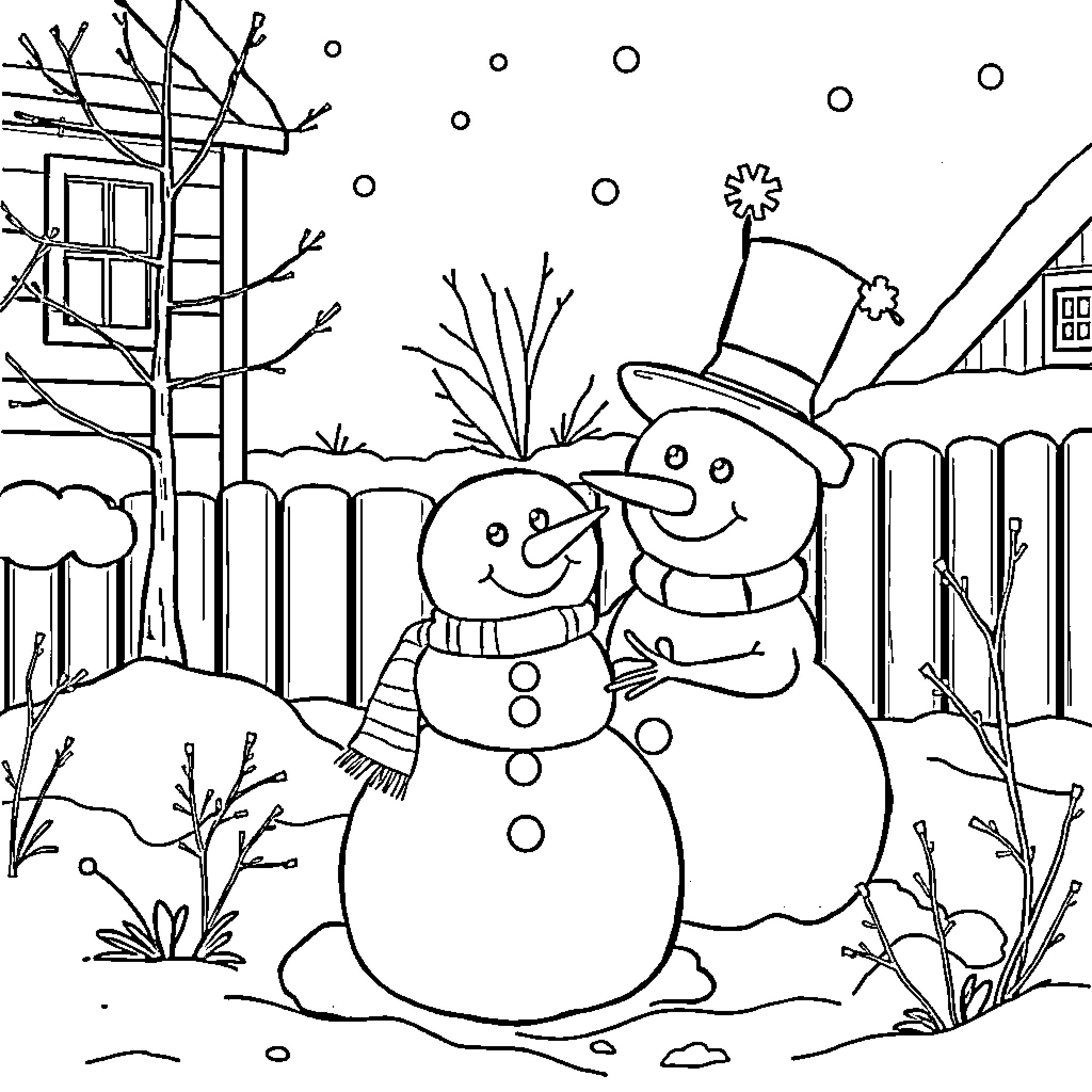 Snowman family building snowman in winter wonderland Coloring Page (free black-and-white line drawing printable PDF for all, from beginners to advanced learners, including children, teens, adults, and seniors)