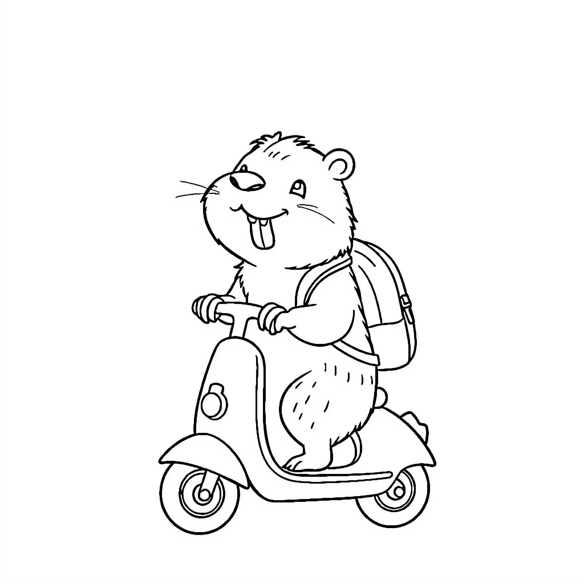 Capybara riding a scooter with a backpack Coloring Page (free black-and-white line drawing printable PDF for all, from beginners to advanced learners, including children, teens, adults, and seniors)