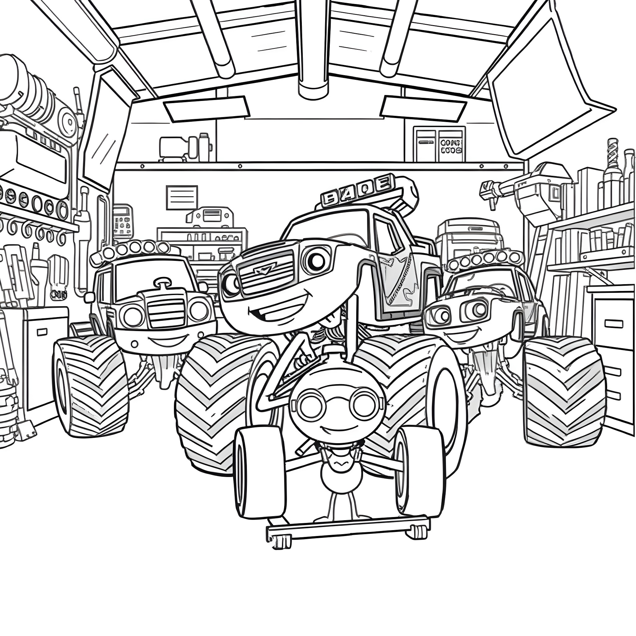 Blaze and the Monster Machines in the Garage Coloring Page (free black-and-white line drawing printable PDF for all, from beginners to advanced learners, including children, teens, adults, and seniors)