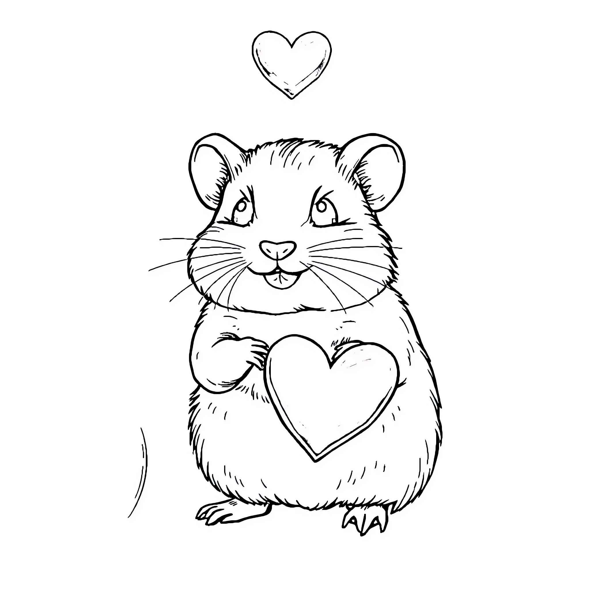 Hamster holding hearts with loving expression Coloring Page (free black-and-white line drawing printable PDF for all, from beginners to advanced learners, including children, teens, adults, and seniors)
