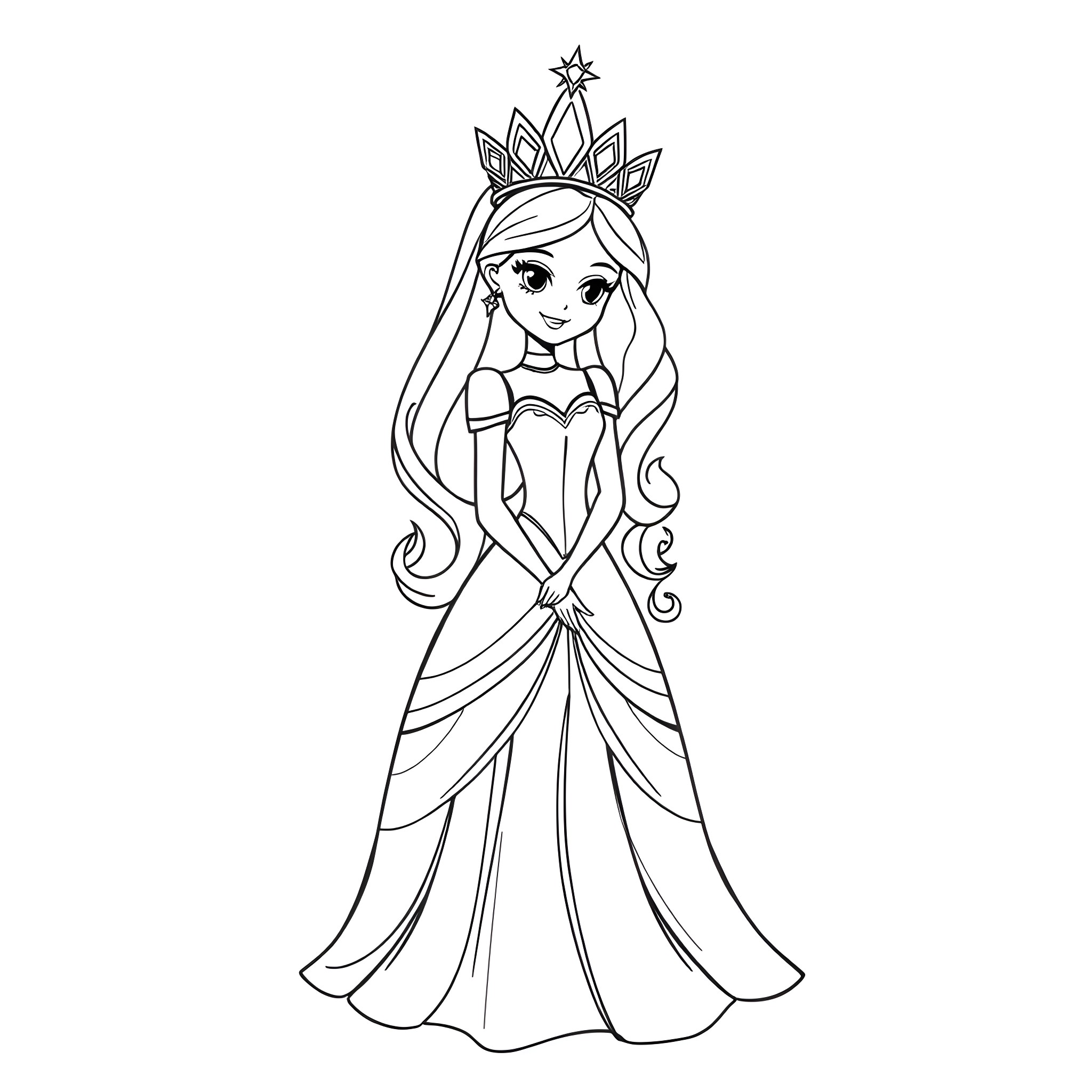 Princess in a Flowing Gown and Crown Coloring Page (free black-and-white line drawing printable PDF for all, from beginners to advanced learners, including children, teens, adults, and seniors)