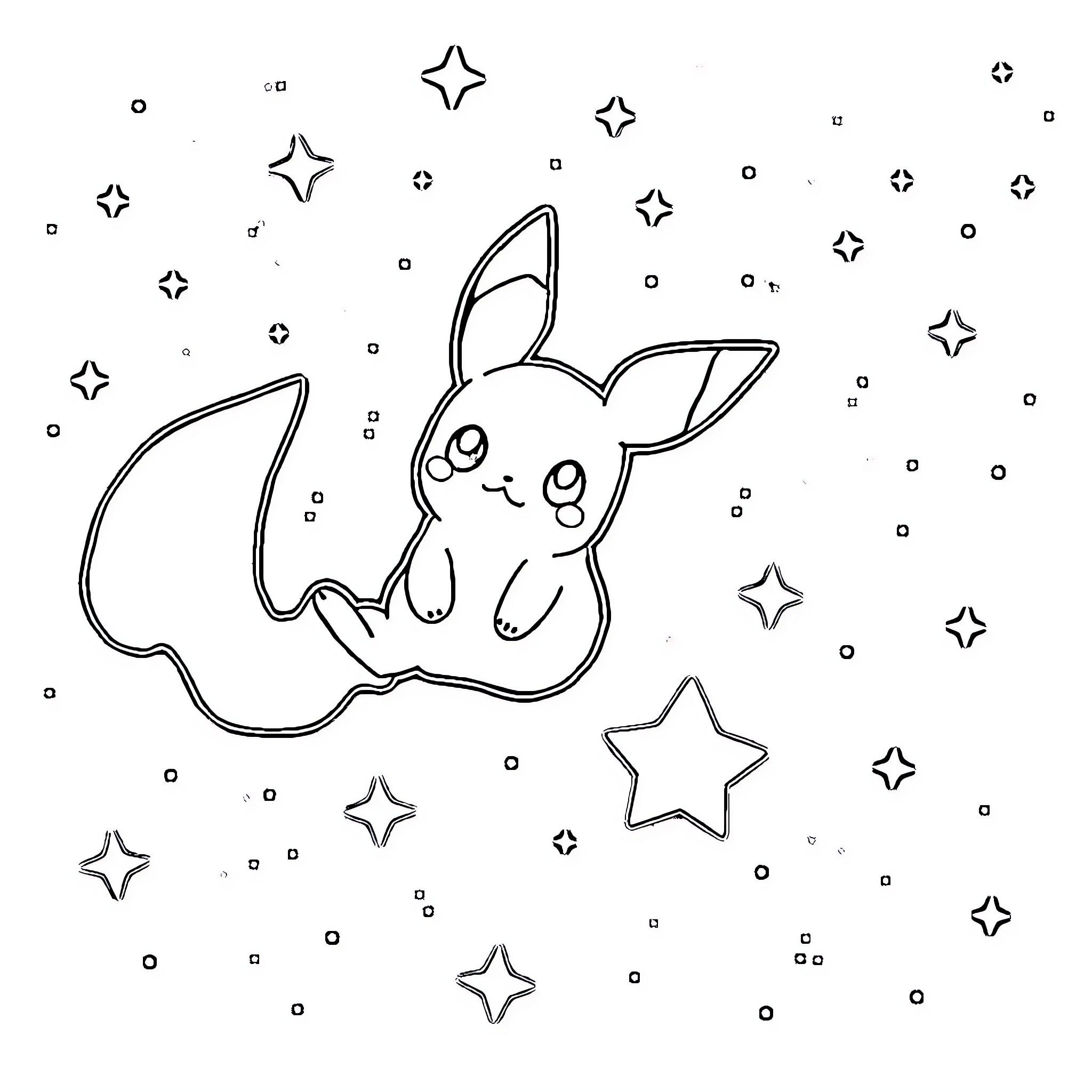 Mimikyu playing among the stars Coloring Page (free black-and-white line drawing printable PDF for all, from beginners to advanced learners, including children, teens, adults, and seniors)