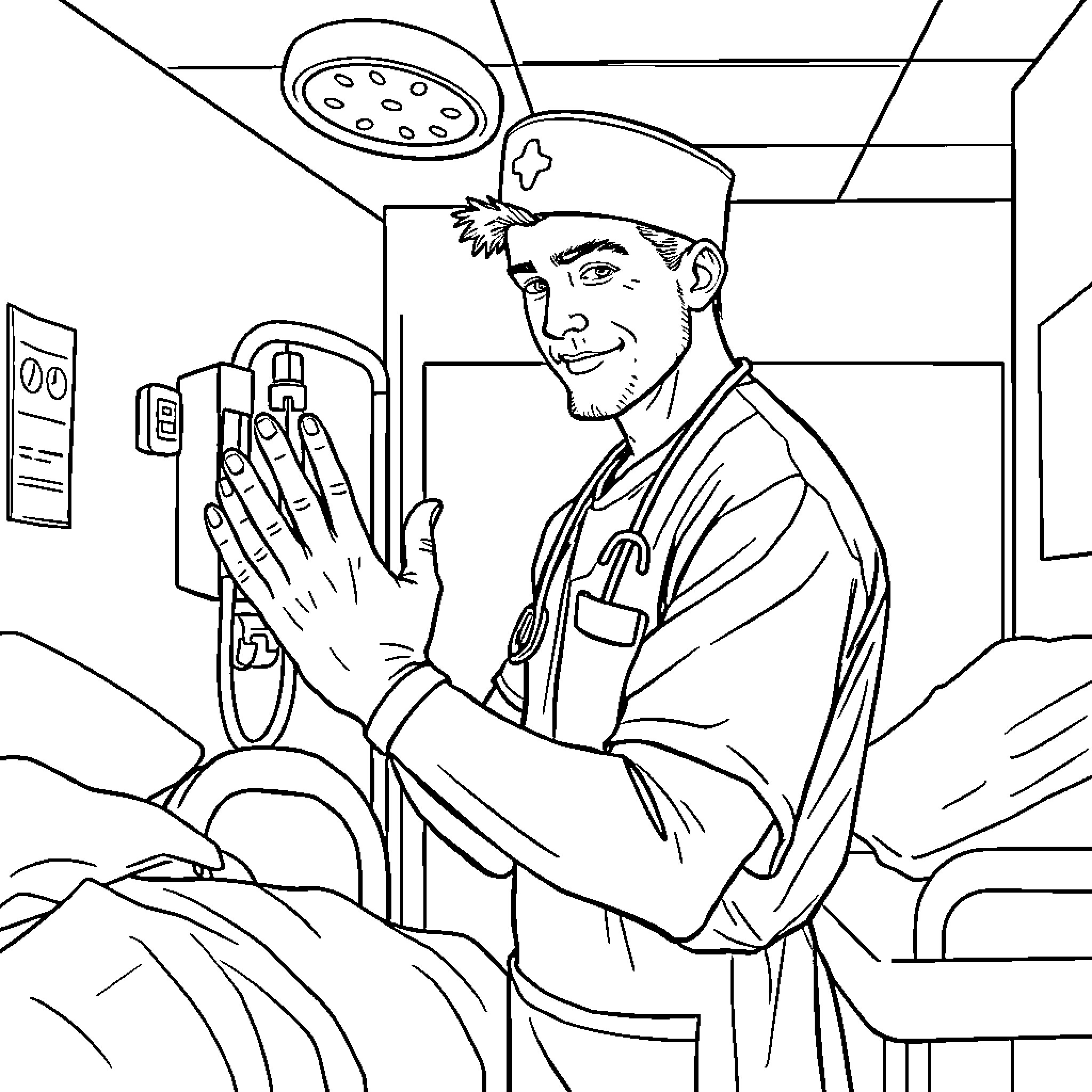 Nurse assisting patient in medical setting Coloring Page (free black-and-white line drawing printable PDF for all, from beginners to advanced learners, including children, teens, adults, and seniors)