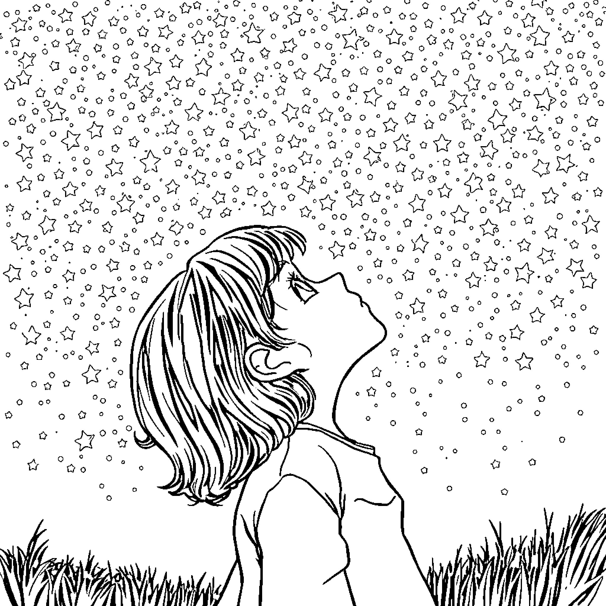 Nina gazing at the starry night sky Coloring Page (free black-and-white line drawing printable PDF for all, from beginners to advanced learners, including children, teens, adults, and seniors)
